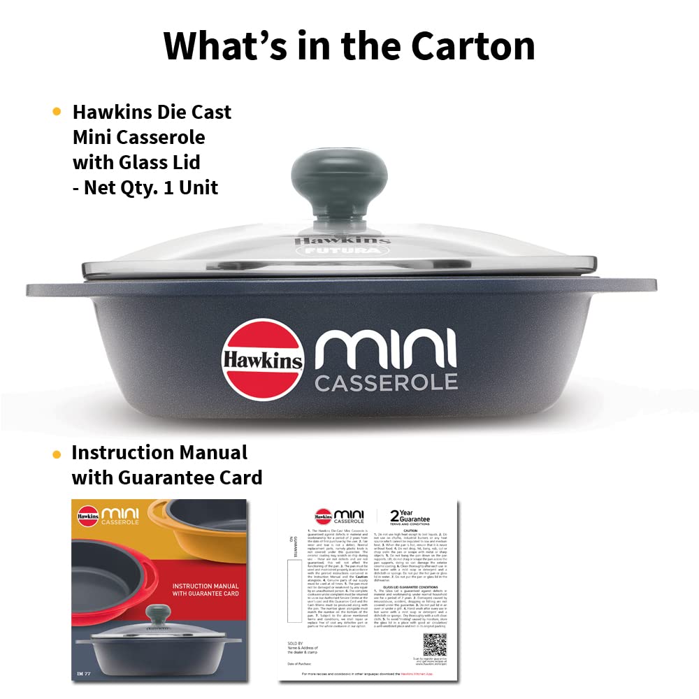 Hawkins 0.75 Litre Mini Casserole with Glass Lid, Oval Shaped Die-Cast pan for Cooking, Reheating, Serving and Storing, Grey (DC