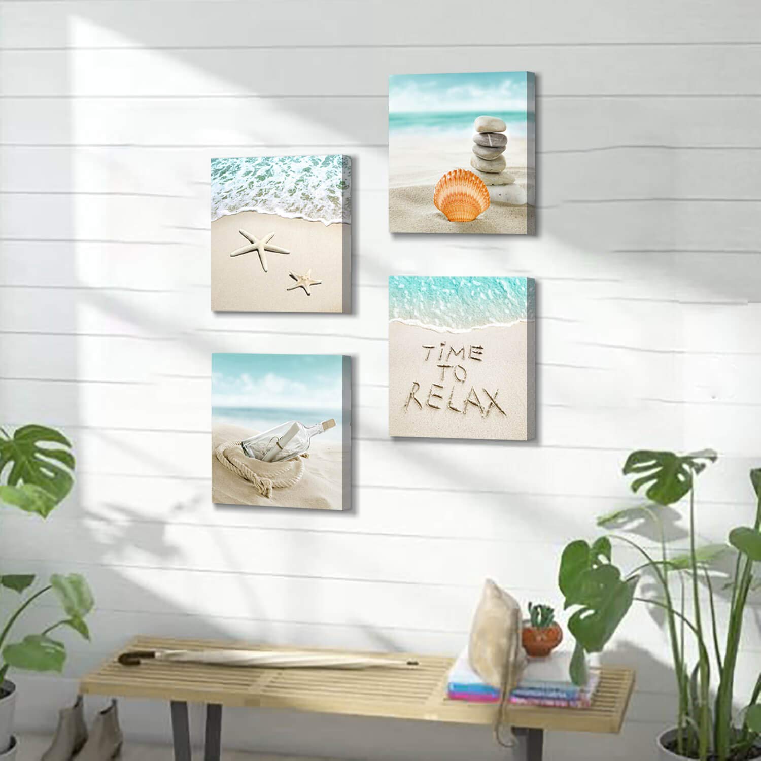 Utop-Art Seashell Beach Pictures Canvas Wall Art For Bathroom Drift Bottle & Seashells On The Beach Pictures Canvas Print For Ba