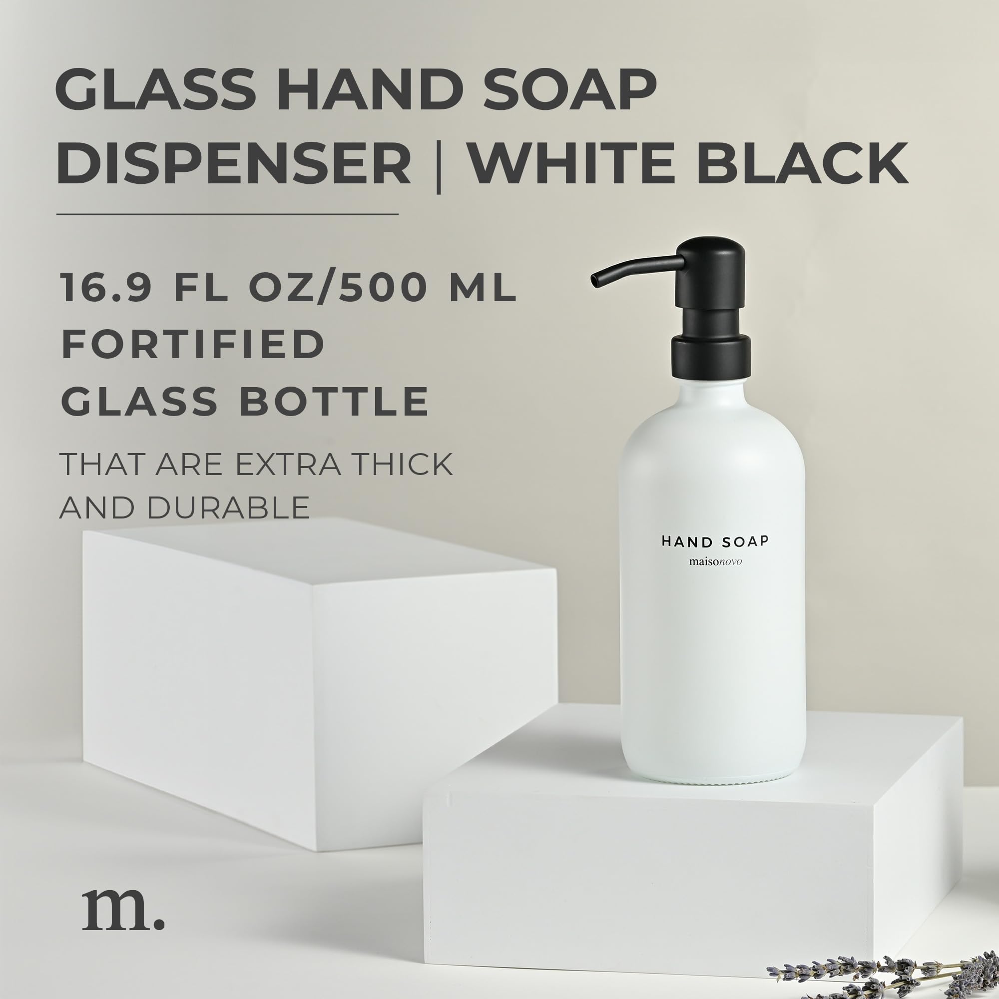 Maisonovo Hand Soap Dispenser For Bathroom | 16.9 Fl Oz White Glass Black Pump X 1