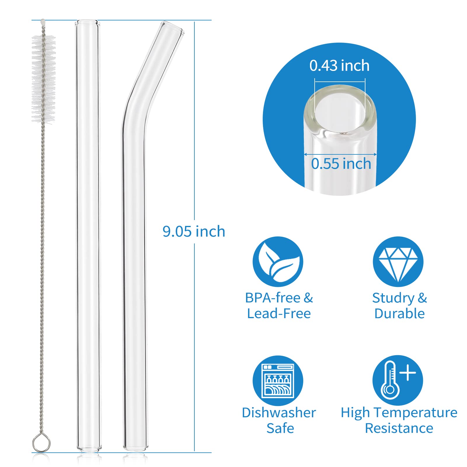 Renyih 10 Pcs Reusable Glass Boba Straws,9''X14 Mm Wide Glass Drinking Straws Jumbo Smoothie Straws For Bubble Tea,Milkshakes,Se