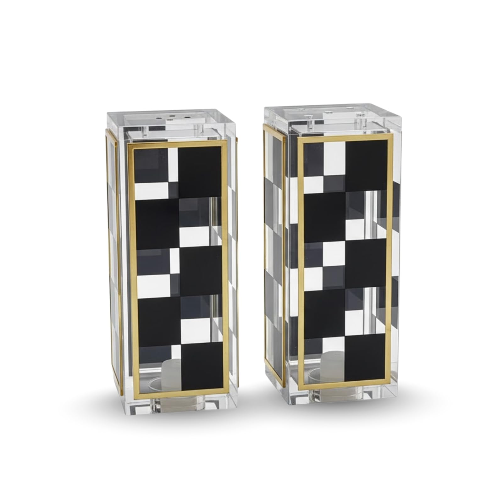 Checkered Salt and Pepper Shakers Set, Black White Square Design with 3 & 5 Holes