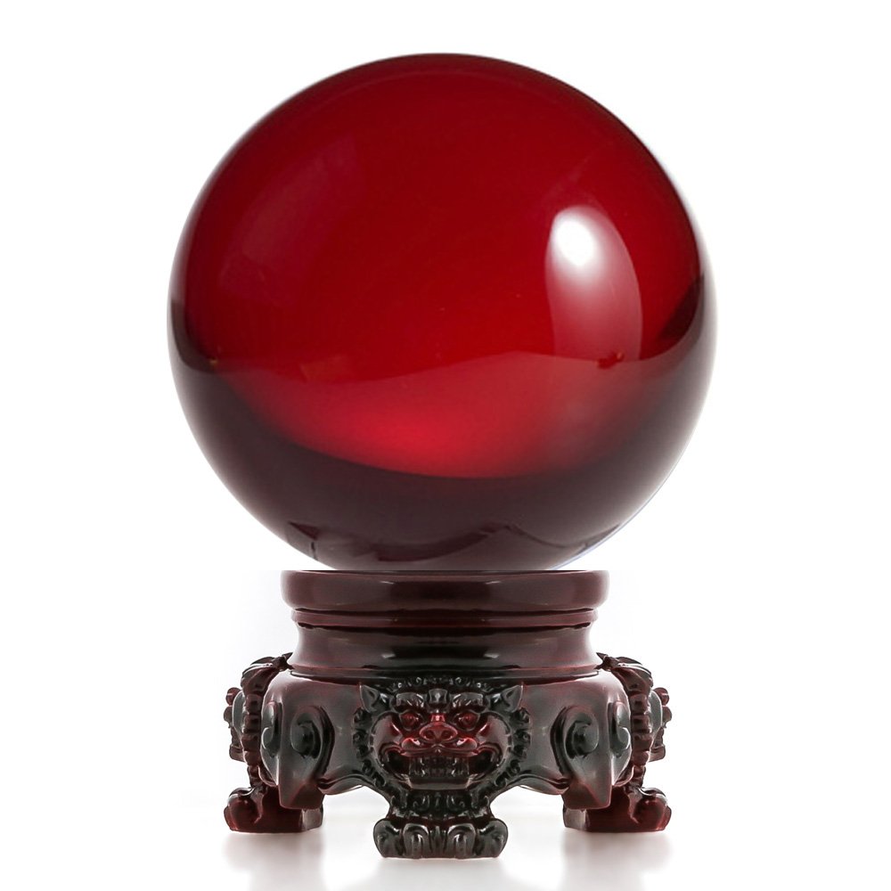 Amlong Crystal 3 inch (80mm) Red Crystal Ball with Redwood Lion Resin Stand and Gift Box for Decorative Ball, Lensball Photograp