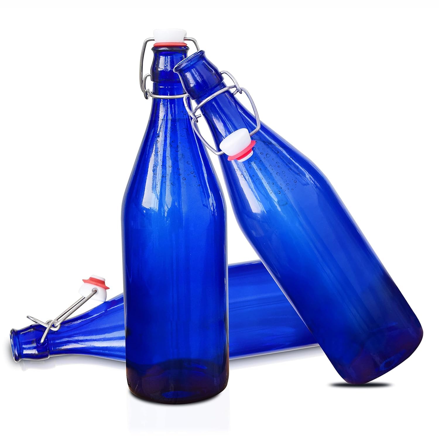 Pure Source India Glass Water Bottle Airtight, Food Safe, Bpa Free, Reusable 1000 Ml, 3 Piece, Blue