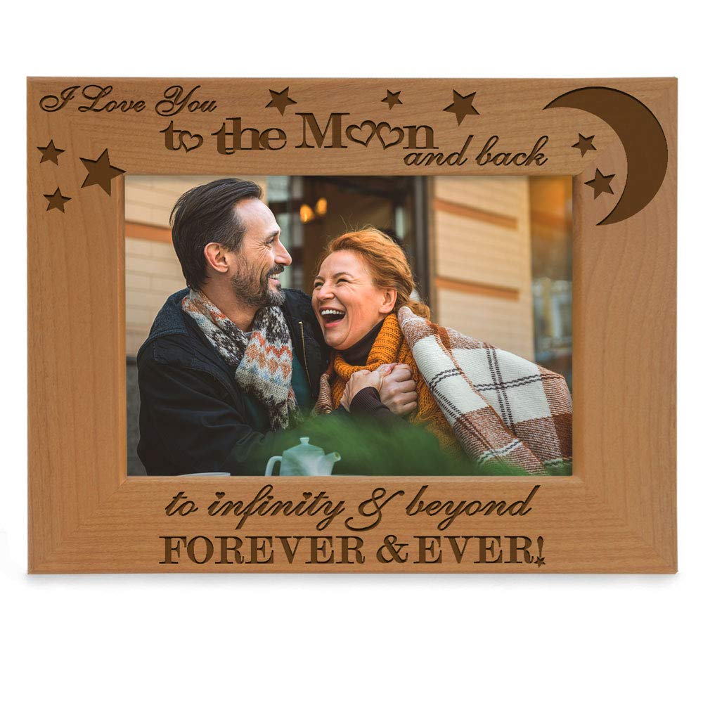 KATE POSH - I love You to The moon and back, to infinity & beyond, forever & ever - Engraved Natural Wood Picture Frame, Couples