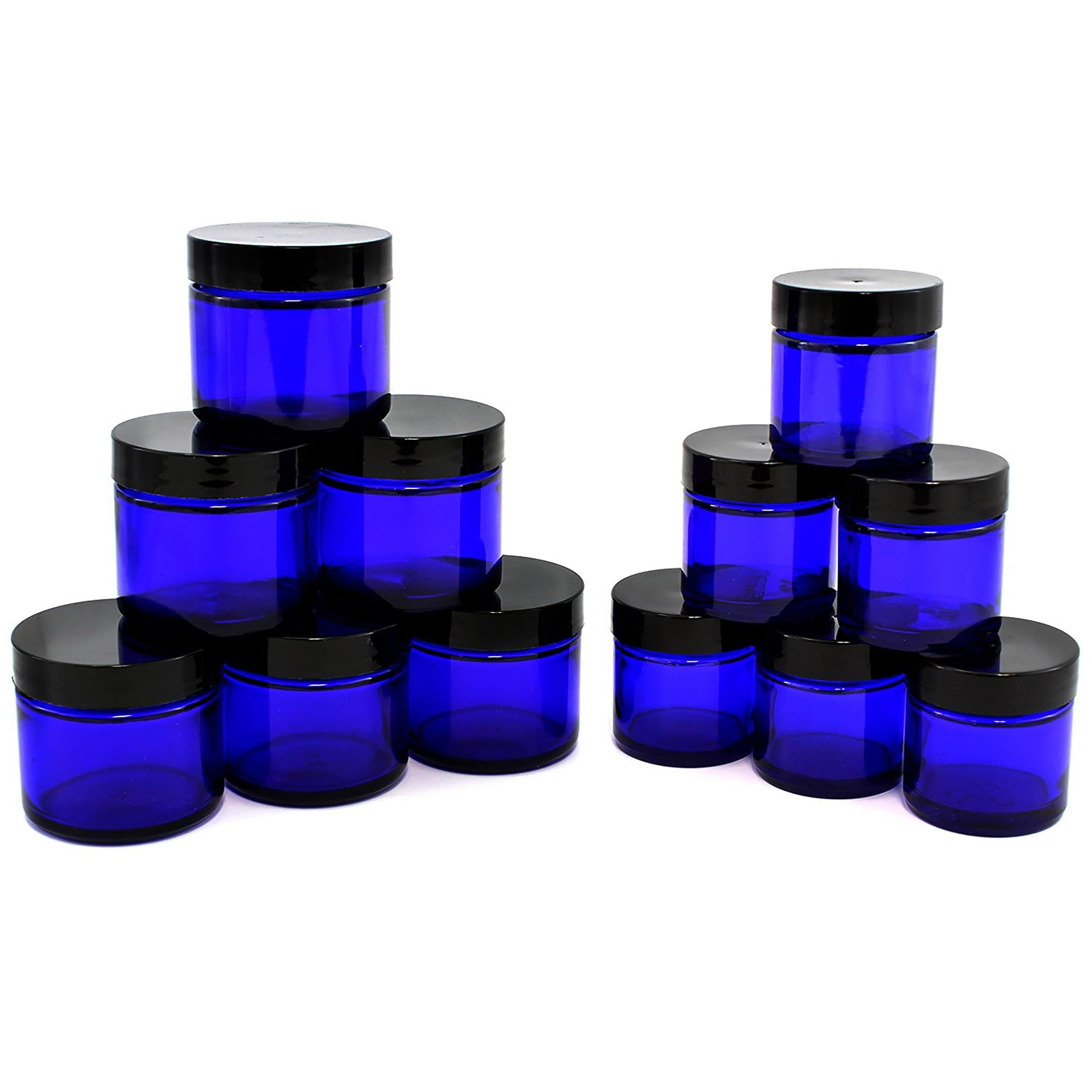 Combination 12 Pack Of Cobalt Blue 1Oz & 2Oz Glass Straight Sided Jars, Lids Included; Empty Refillable Containers For Cosmetics