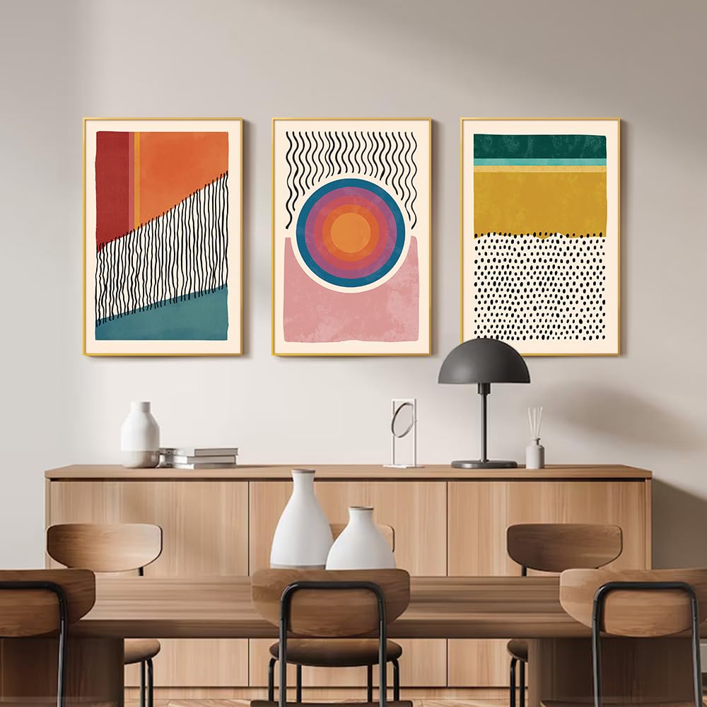 Hpinub Boho Framed Canvas Prints Wall Art Set, Mid-Century Abstract Color Block Shape Wall Decor, Geometric Illustrations Art Ph