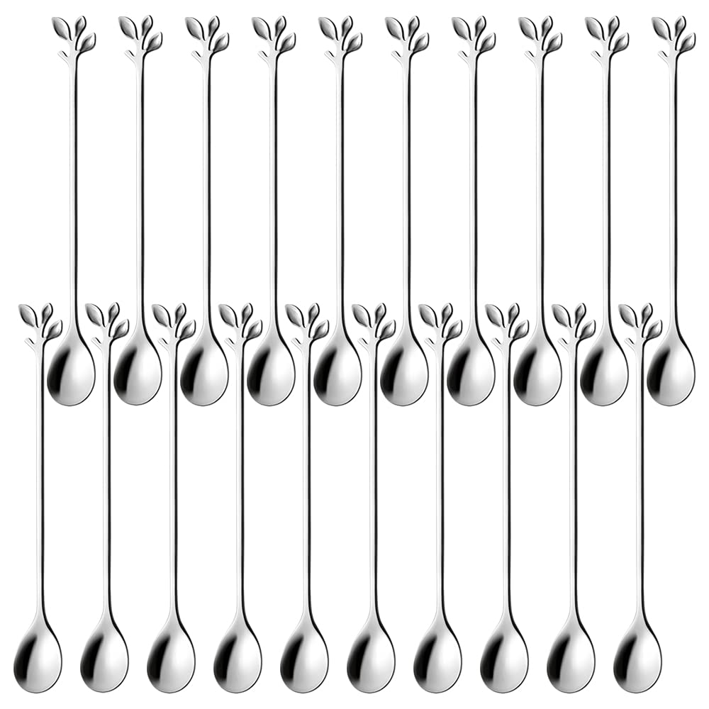 Ansaw Silver Leaf Handle Long Teaspoons - 7.4 '' Stainless Steel Coffee & Tea Stirring Spoons, Coffee Stir Spoon Set Of 20
