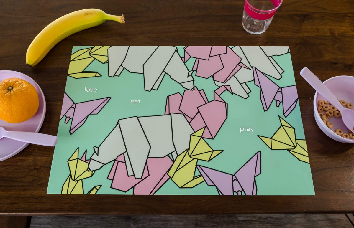 Substance & Matter - Set Of 2 Origami Animal Kids Silicone Placemats, 100% Food-Grade Silicone, Eco-Friendly, Non-Slip, Waterpro