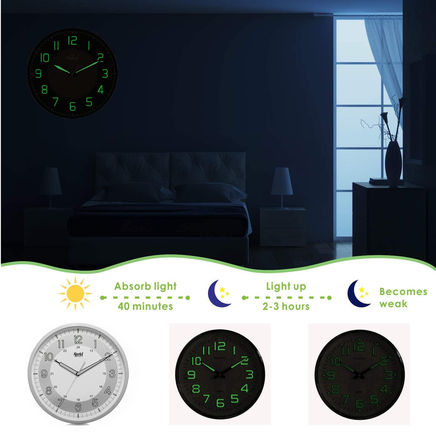 Ajanta Plastic Night Glow Modern Clock Radium Analog Wall Clock (310X44X310Mm, Silver)