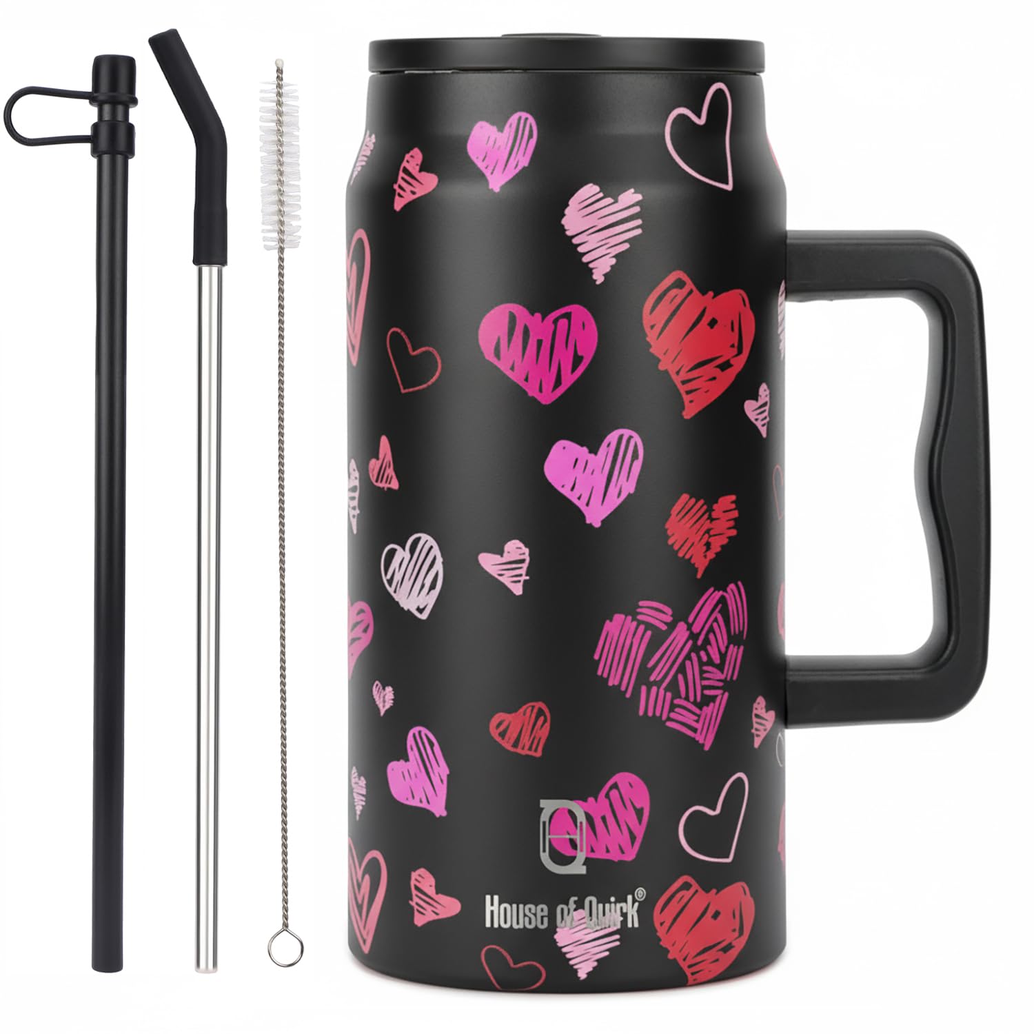 House Of Quirk 1500Ml Stainless Steel Mug Tumbler With Handle & Straw Lid - Large Water Bottle For Men & Women (Black Heart)