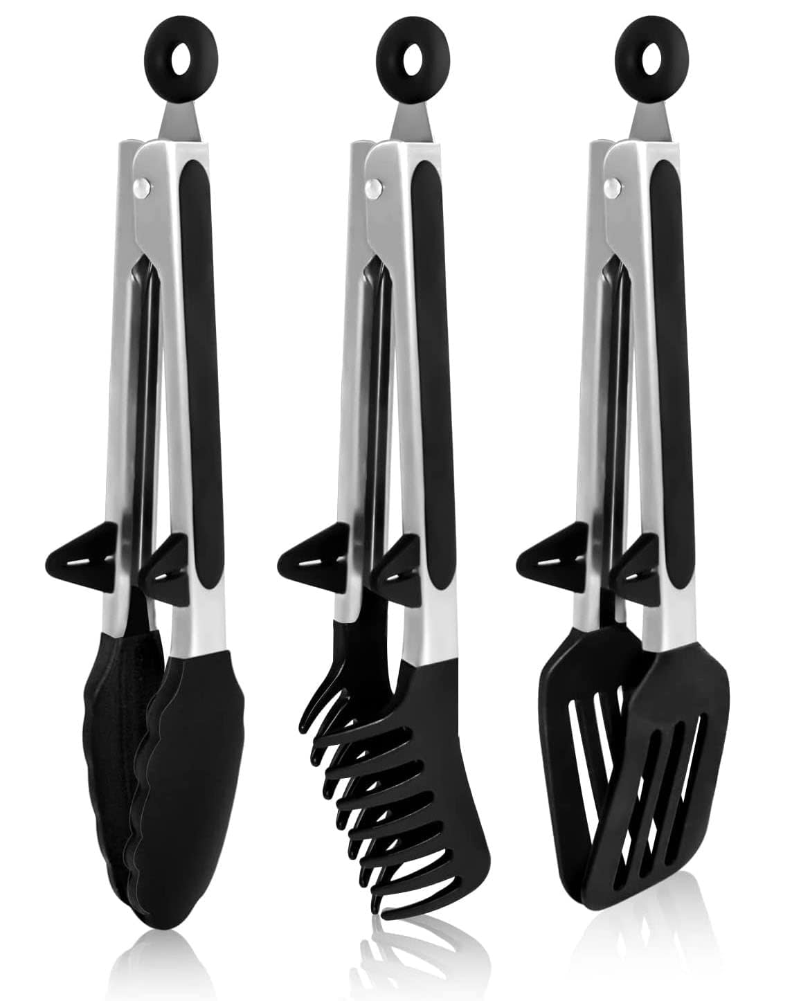 Naidev Black Tongs For Cooking With Silicone Tips(3 Pack), Non Stick Kitchen Tongs With Silicone Tip For Cooking Bbq Baking.