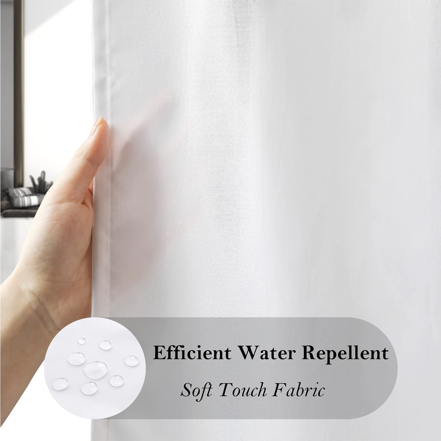 Aoohome Fabric 96 Inch Extra Long Shower Curtain Liner, Durable Bathroom Curtain For Hotel With Hooks, Waterproof, Solid White,