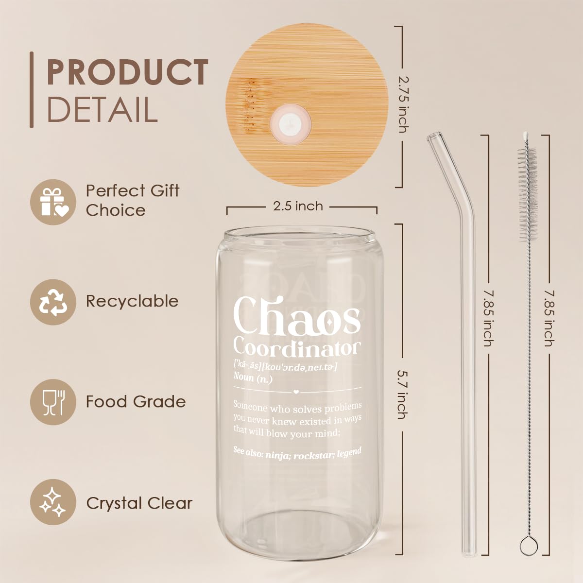 Chaos Coordinator 16oz Can Glass Tumbler with Bamboo Lid & Straw, Iced Coffee Cup for Female Coworker Friends Colleagues, Aesthe