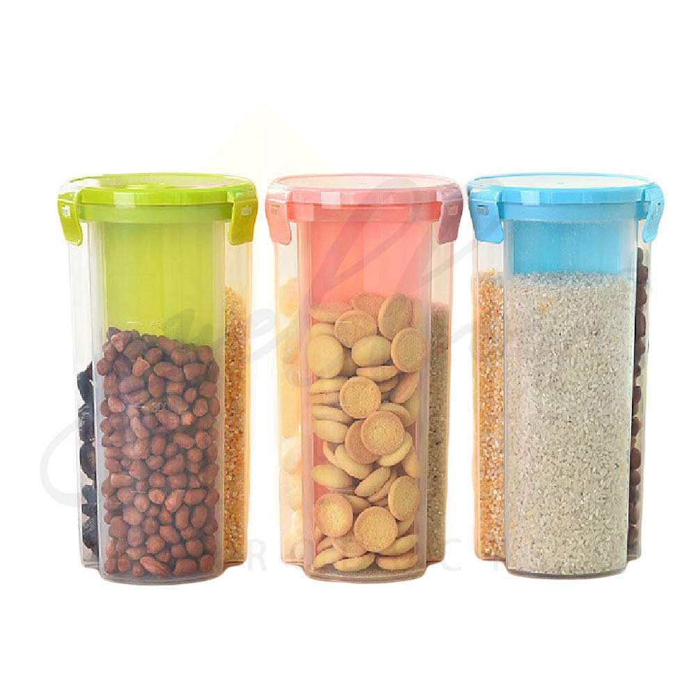 Infinex 3 Sections Air Tight Transparent Food Plastic Storage Container For Kitchen, Grain, Cereal (1500 Ml Each, Colour May Var
