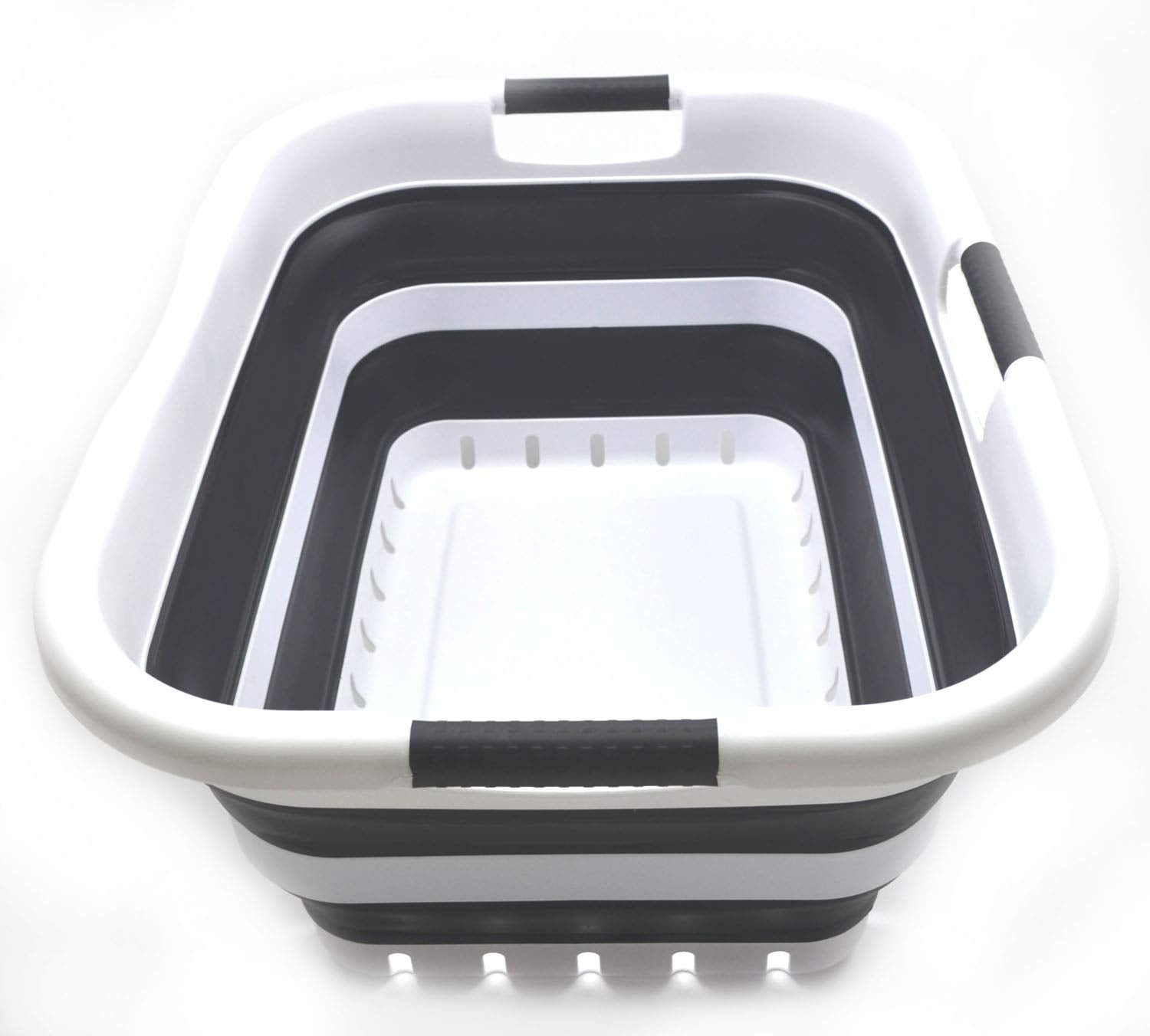 SAMMART 41L (10.8 gallon) Set of 2 Collapsible 3 Handled Plastic Laundry Basket-Foldable Pop Up Storage Container/Organizer-Space Saving Hamper/Basket (2  White/Black)