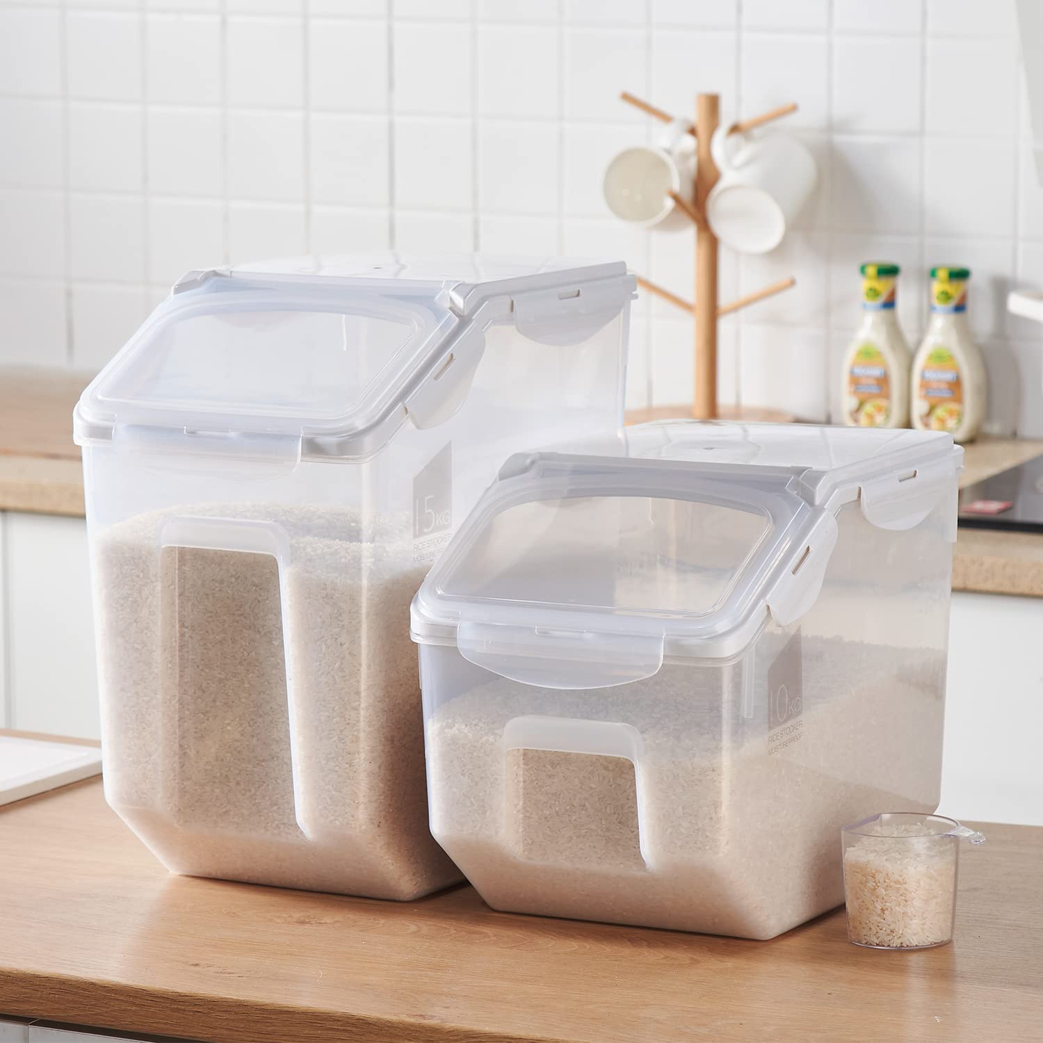 Hanamya 15 Liter / 30 Lbs Rice Storage Container With Measuring Cup, Bpa Free, For Rice | Grain | Pet Food | Flour, 2 Counts, Cl