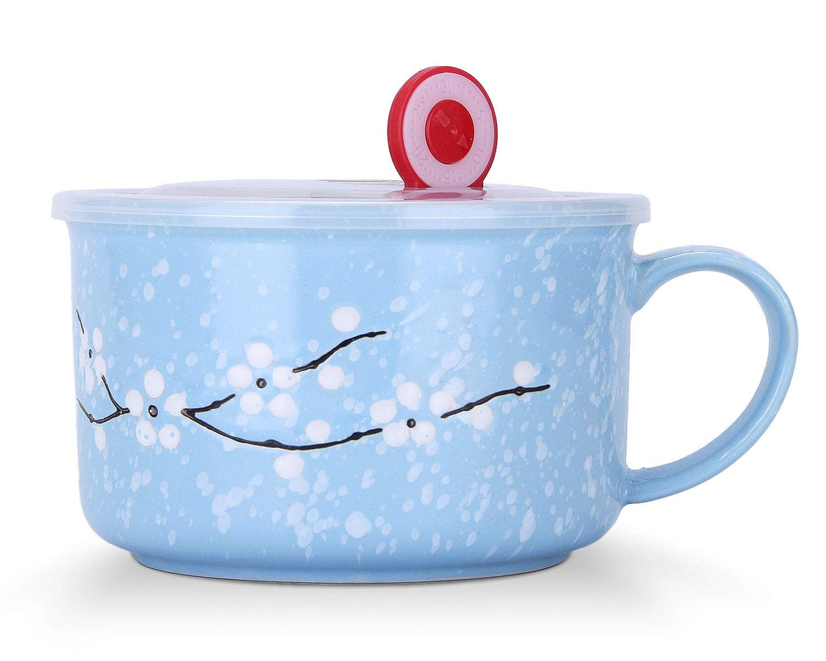 Vanenjoy 30Oz Ceramic Bowl Set With Lid & Handle,Cherry Blossoms Among Snow Flake Pattern,Microwave For Instant Noodle Sara, Cer