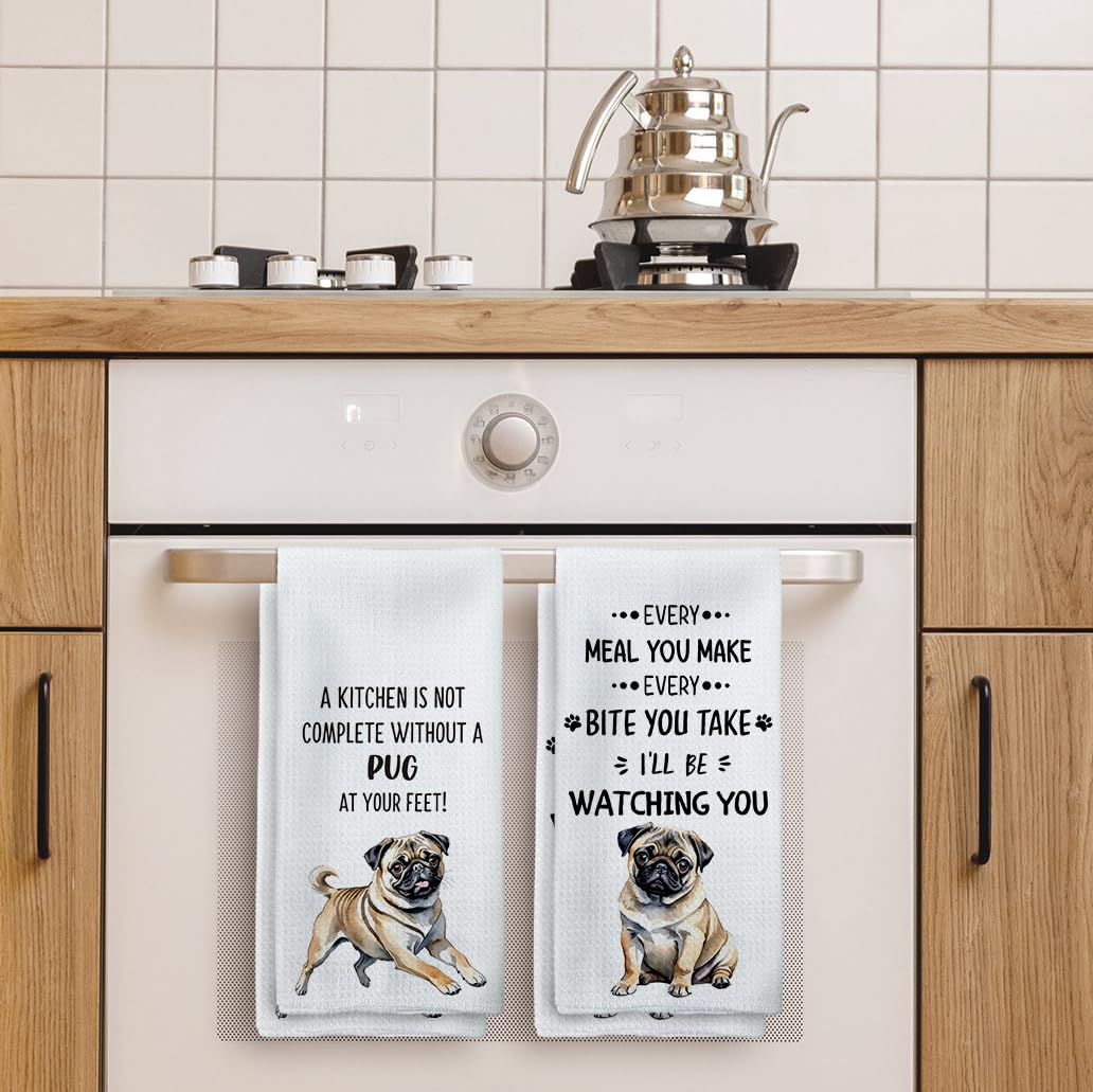Tzhim Pug Gifts Kitchen Towels Set Of 2, Pug Gifts For Pug Lovers Women, Pug Mom Gifts, Pug Decor Hand Towels, Pug Dog Dish Towe