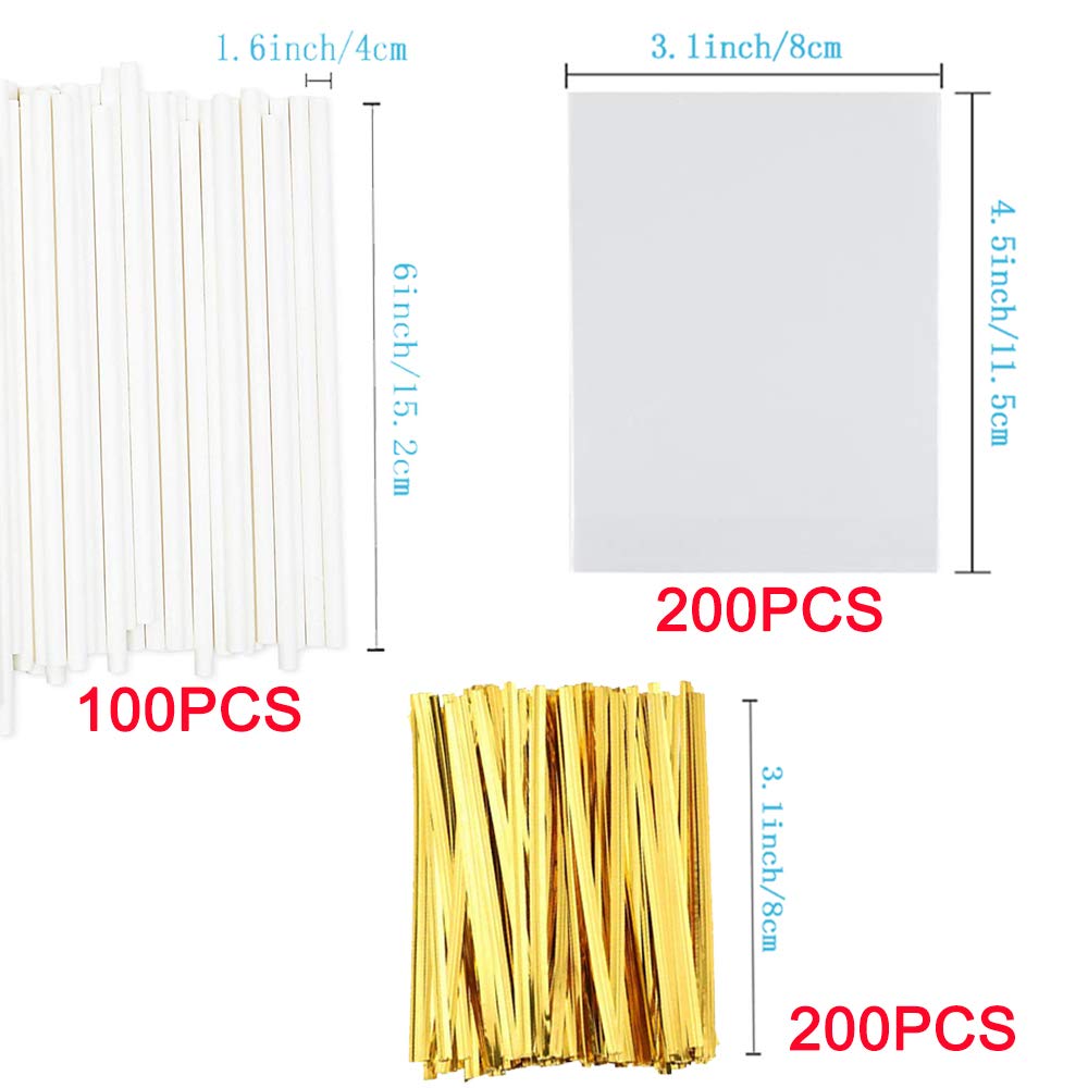 Lollipop Stick (6 Inch), Candy Wrappers And Twist Ties Set, 100 Papery Lollipop Sticks (6 Inch), 200 Lollipop Bags And 200 Twist