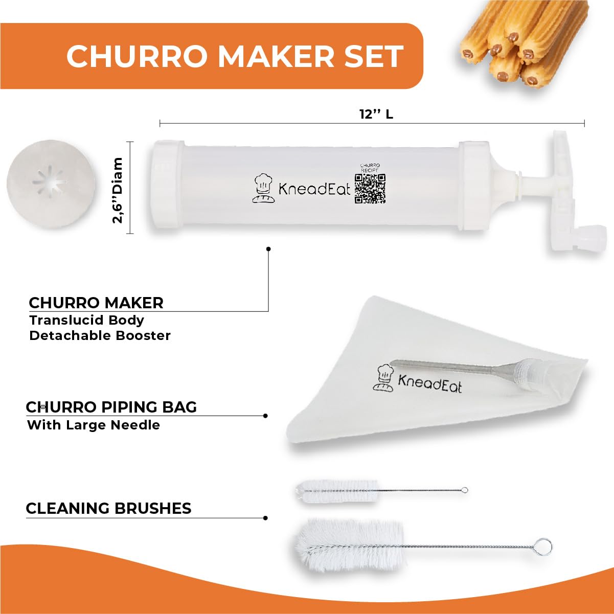 Kneadeat Churro Maker Machine Churrera And Piping Bag Churros Filler. Easy Qr-Recipe To Prepare And Fill Your Own Churros At Hom