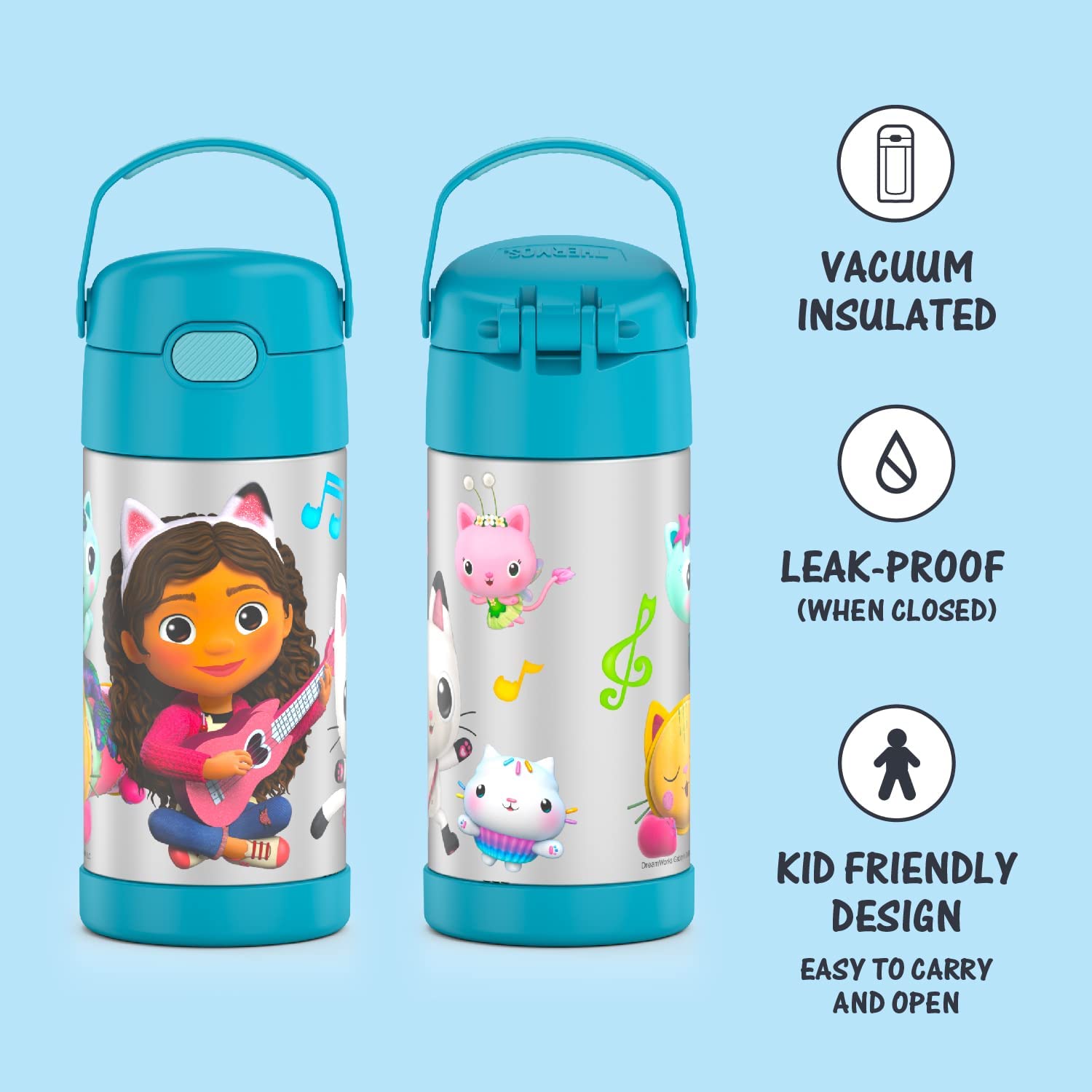 Thermos Funtainer Water Bottle With Straw - 12 Ounce, Gabbys Dollhouse - Kids Stainless Steel Vacuum Insulated Water Bottle With