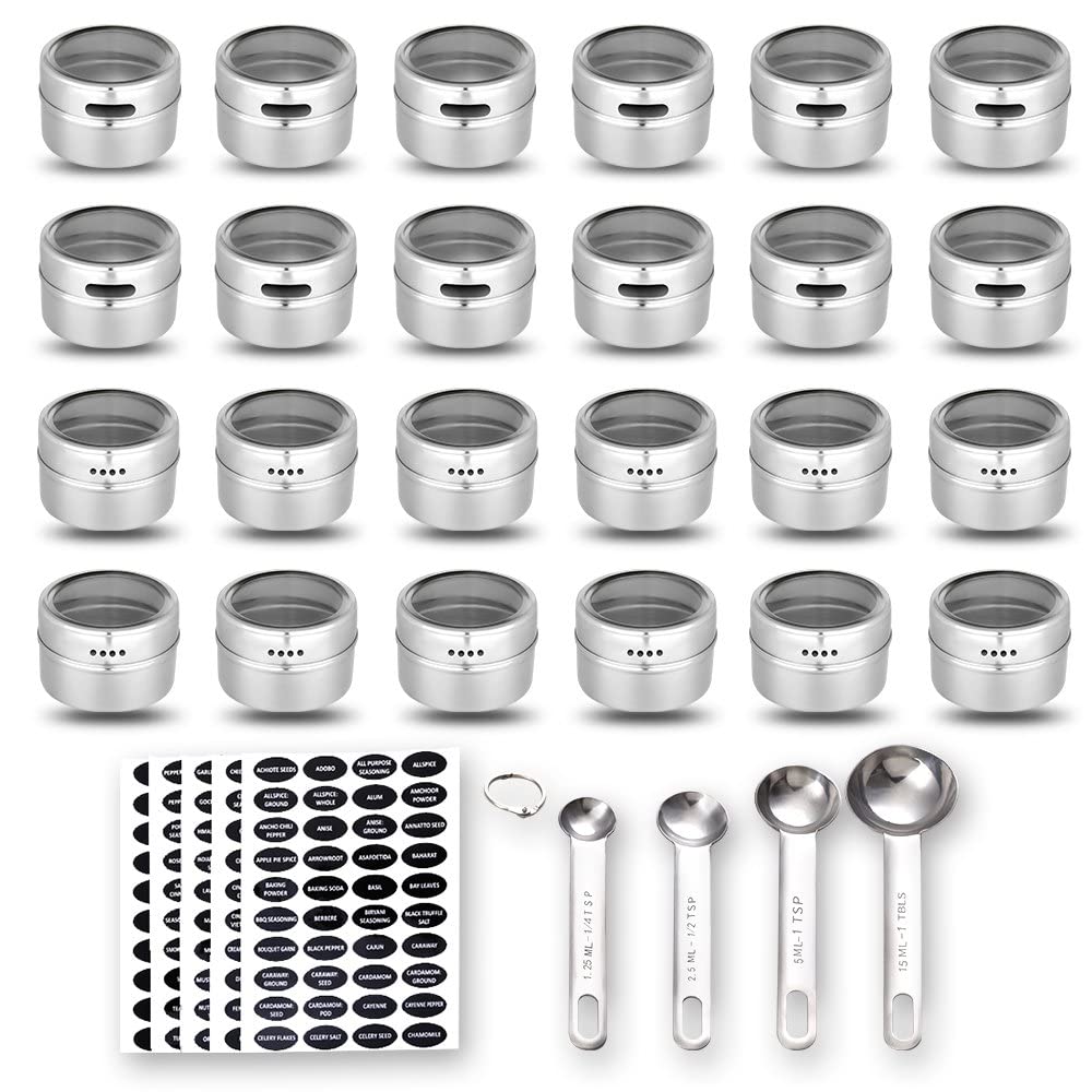 Hanindy 24 Magnetic Spice Tins, 200 Spice Labels, 4 Stainless Steel Measuring Spoons Magnetic Spice Containers Organizer Storage