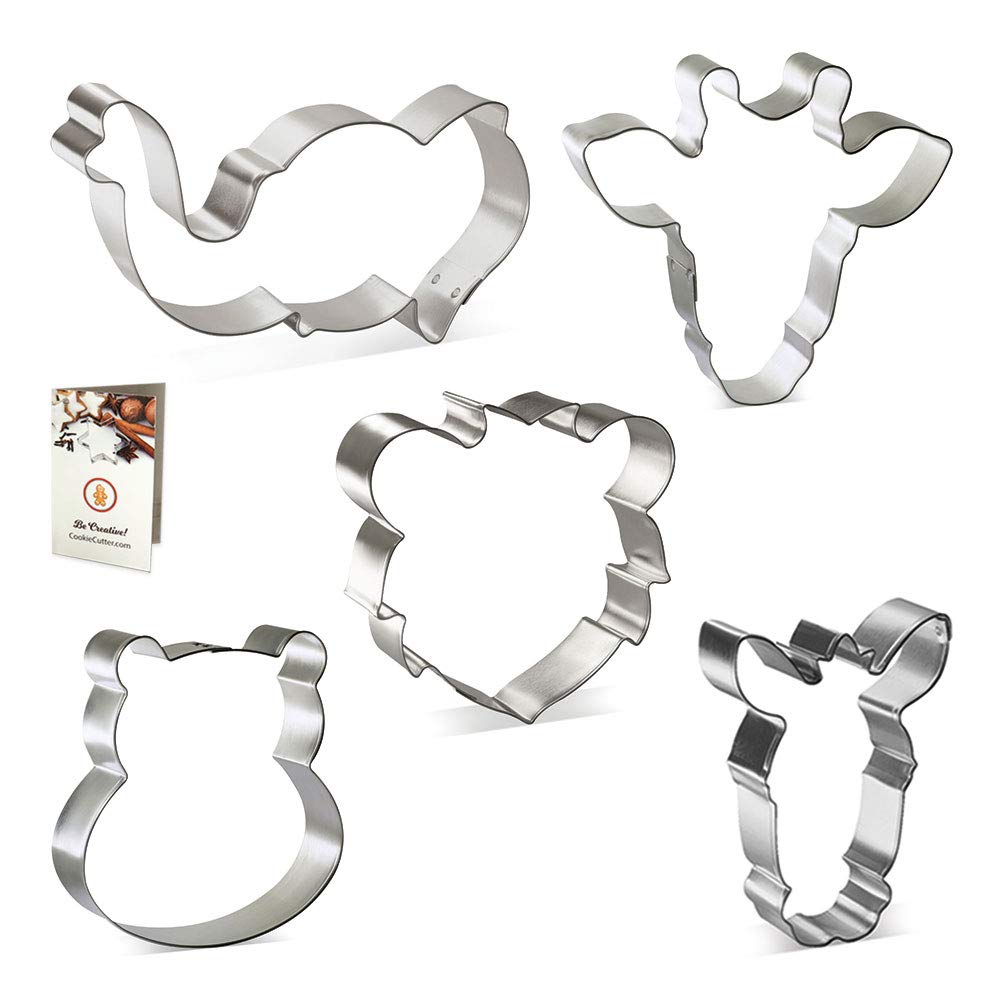 Foose Cookie Cutters 5 Piece Jungle Animal Faces Circus Elephant, Giraffe, Hippo, Lion, Zebra, Usa