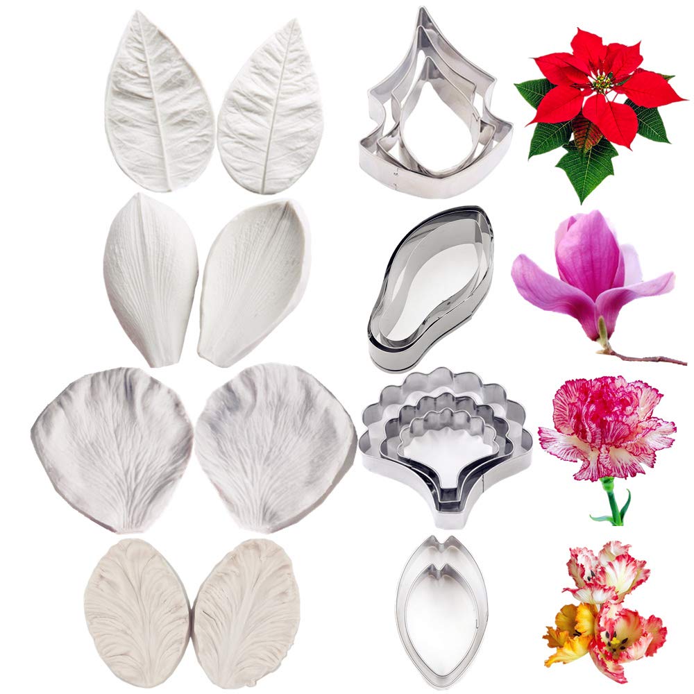 Colorkitchenware 19Pcs Gum Paste Flower Molds And Cutters Fondant Flower Tools Kit Sugar Flower Silicone Veining Mold Stainless