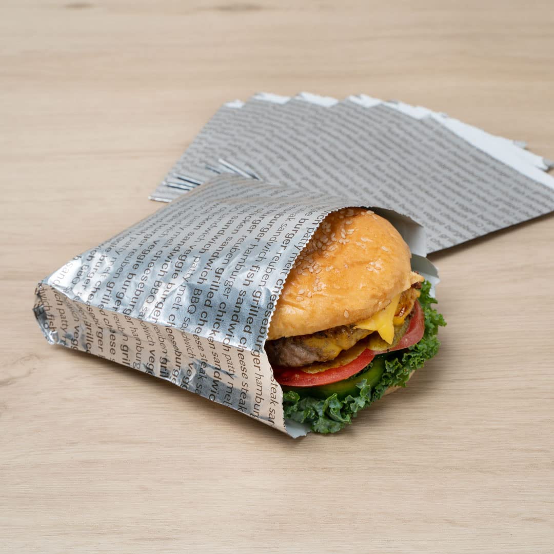 Restaurantware Bag Tek 5.9 X 1.2 X 6.5 Inch Burger Wrappers 100 Greaseproof Sandwich Wraps - Freezer-Safe Heat-Resistant Printed