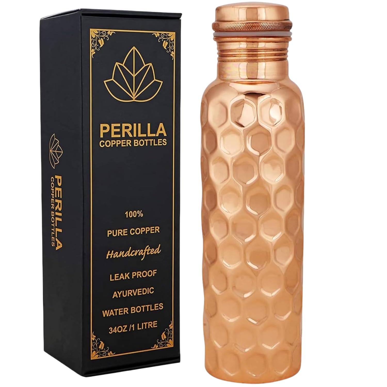Perilla Home Pure Copper Water Bottle 34 Oz Leak Proof 100% Pure Ayurvedic Copper Vessel - Drink More Water And Enjoy The Health