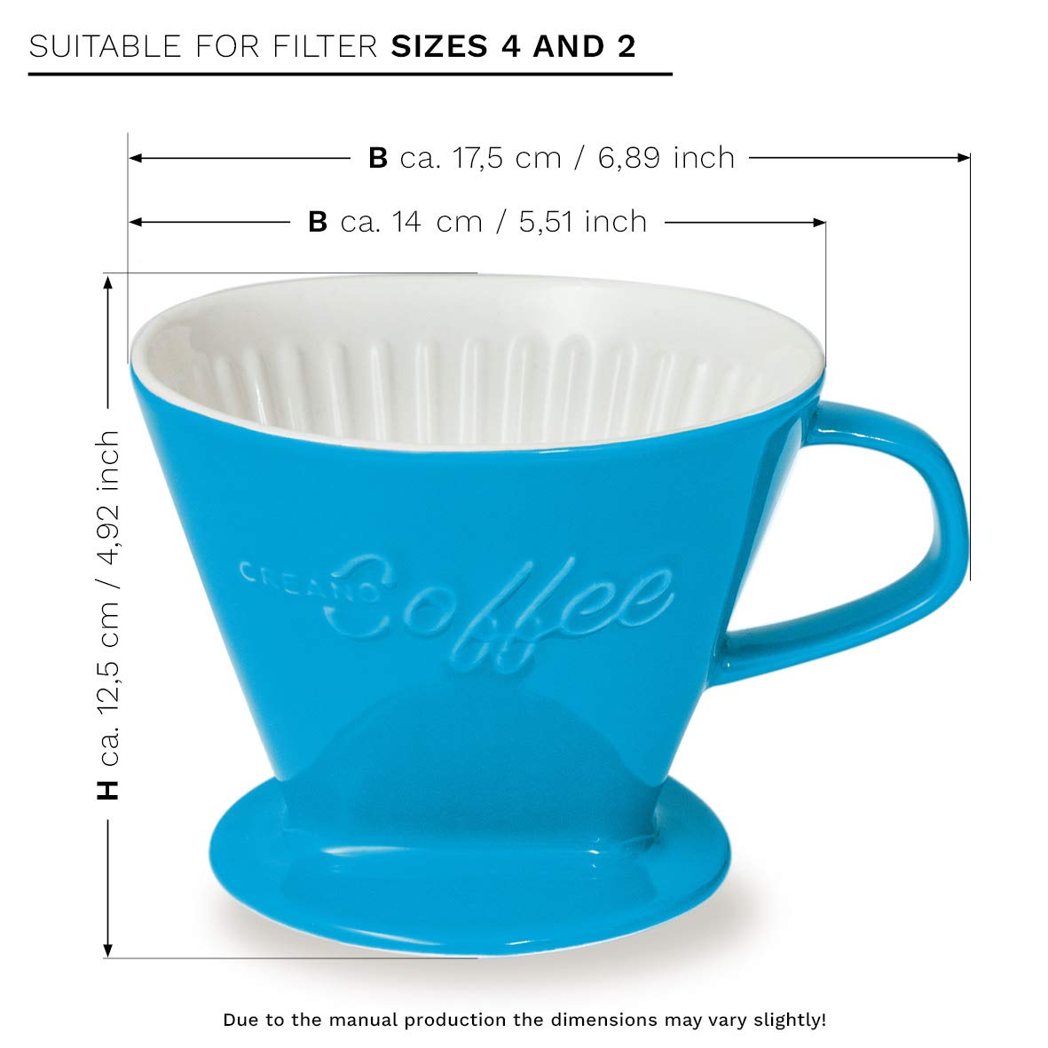 Creano Xxl Porcelain Coffee Dripper - Filter Size 4 Blue - Huge And Heavy Quality 800Gr/28Oz - 6 Colours Availeble