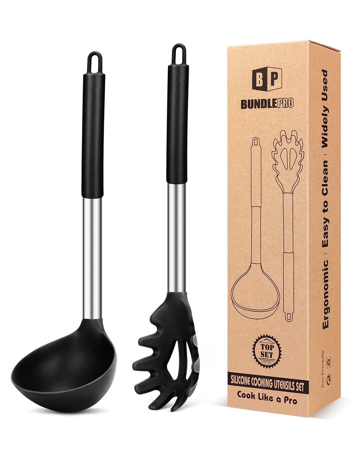 Silicone Pasta Fork And Ladle Spoon Set, Large Non Stick Kitchen Utensils For Cooking,Stirring,Serving Spaghetti, Soup, Sauce (B