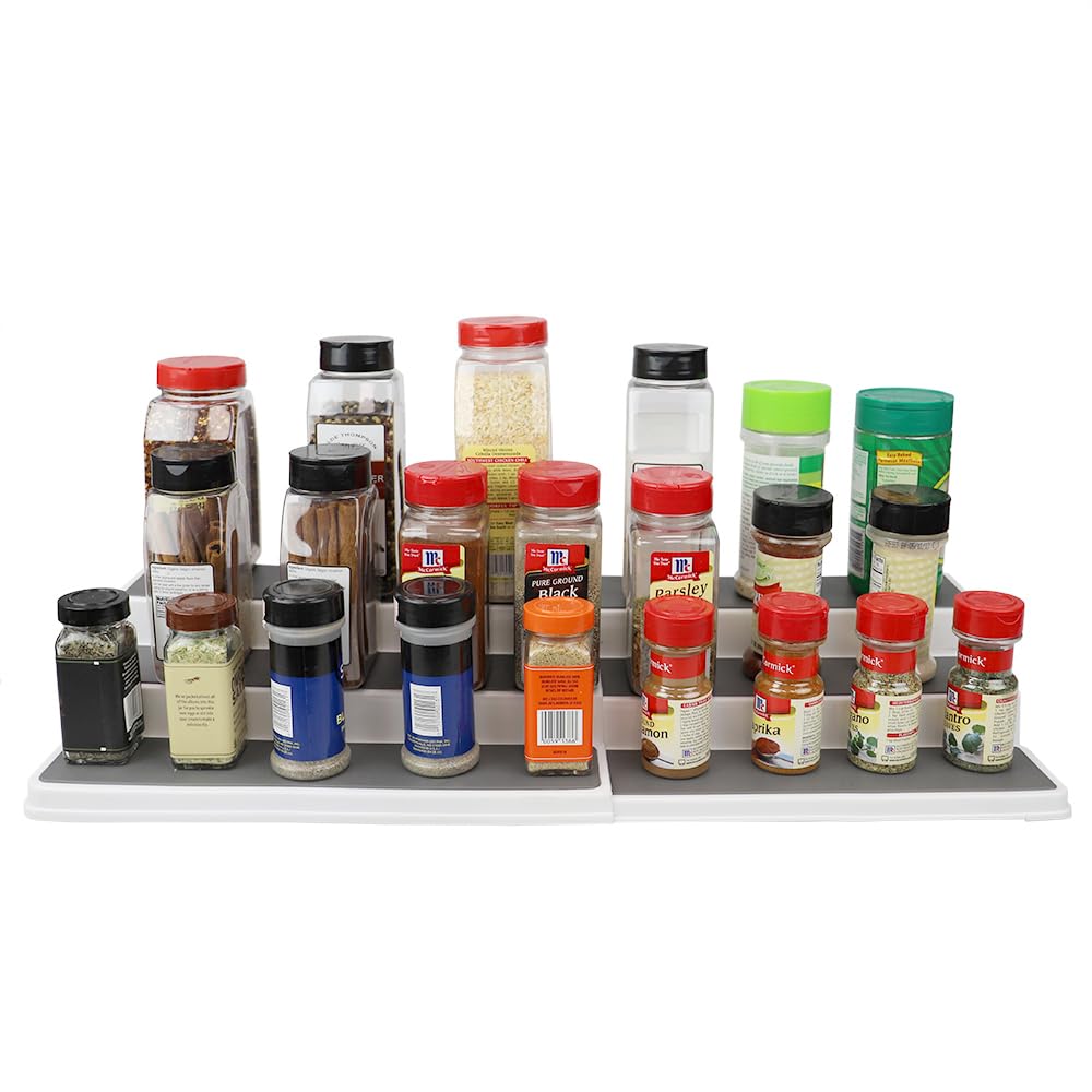 Home Basics 3-Tiered Plastic Expandable Spice Rack with Silicone Lined Anti-Slip Tiers, (White) Adjustable Length Kitchen Organi