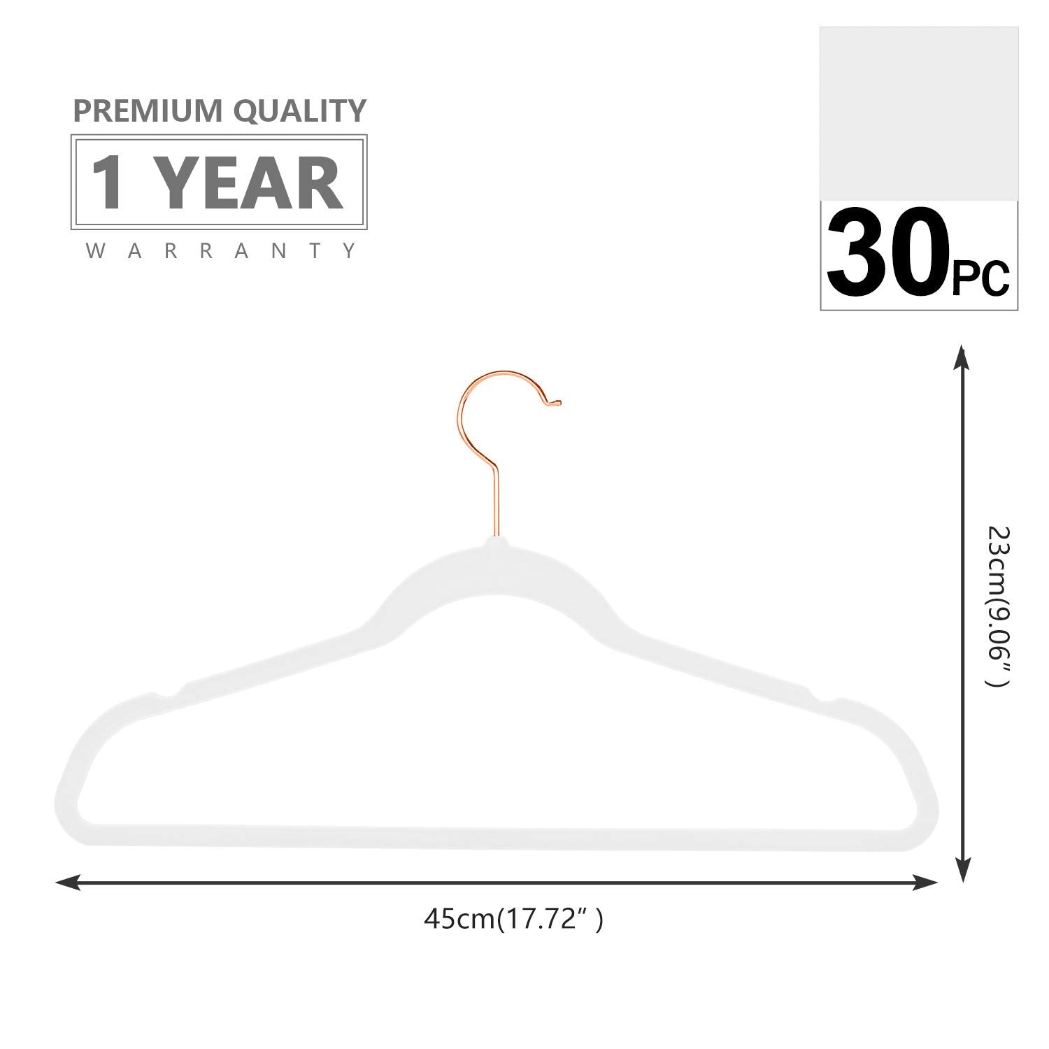 MIZGI Premium Velvet Hangers (30 Pack) Heavy Duty - Non Slip Velvet Suit Hangers White - Copper/Rose Gold Hooks Space Saving Clothes Hangers (White)