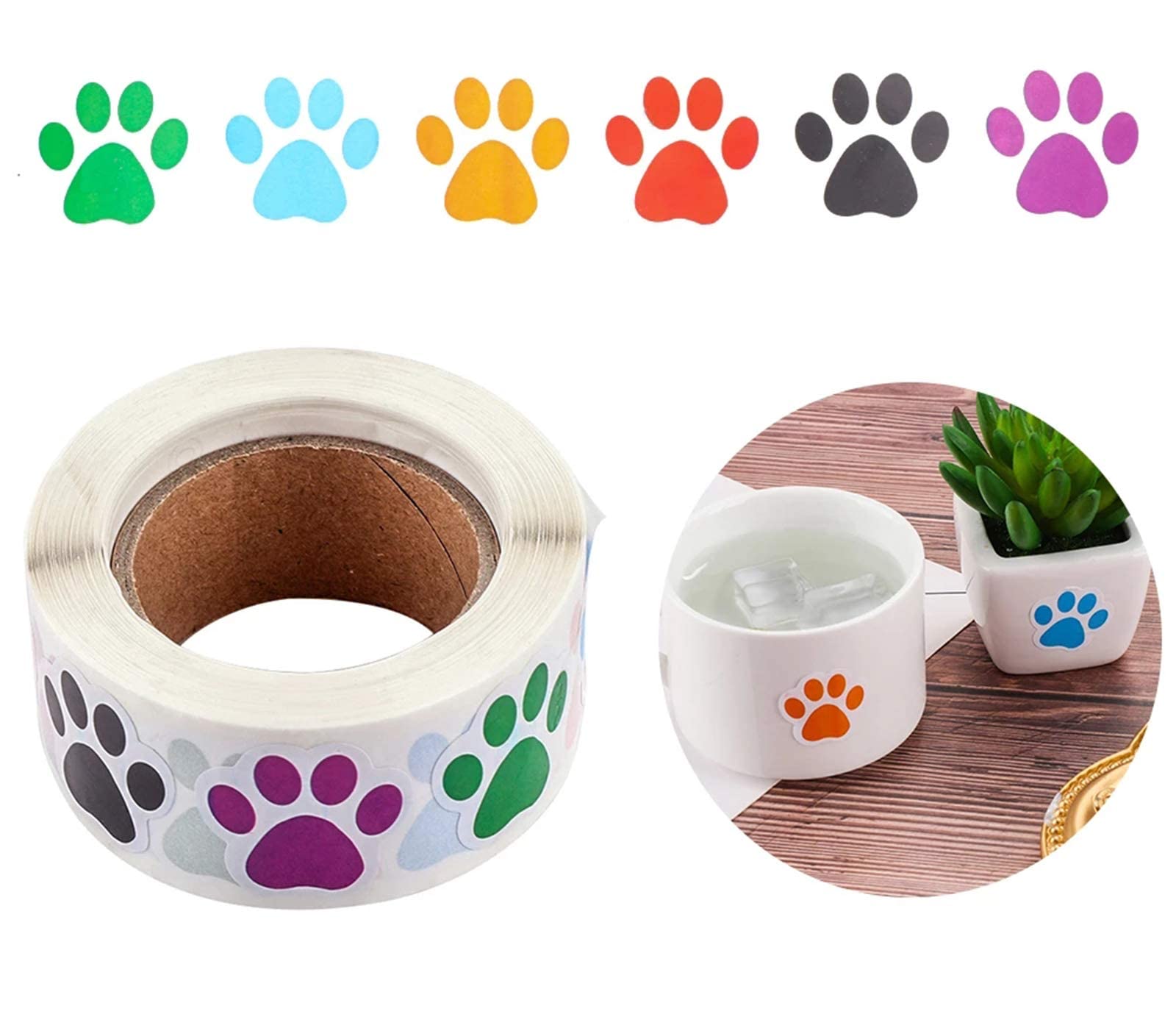 Citihomy Dog Paw Print Stickers Roll Of 500 Piece 1.5Inch Colorful Red Purple Black Cute Small Puppy Paw Labels Stickers For Kid