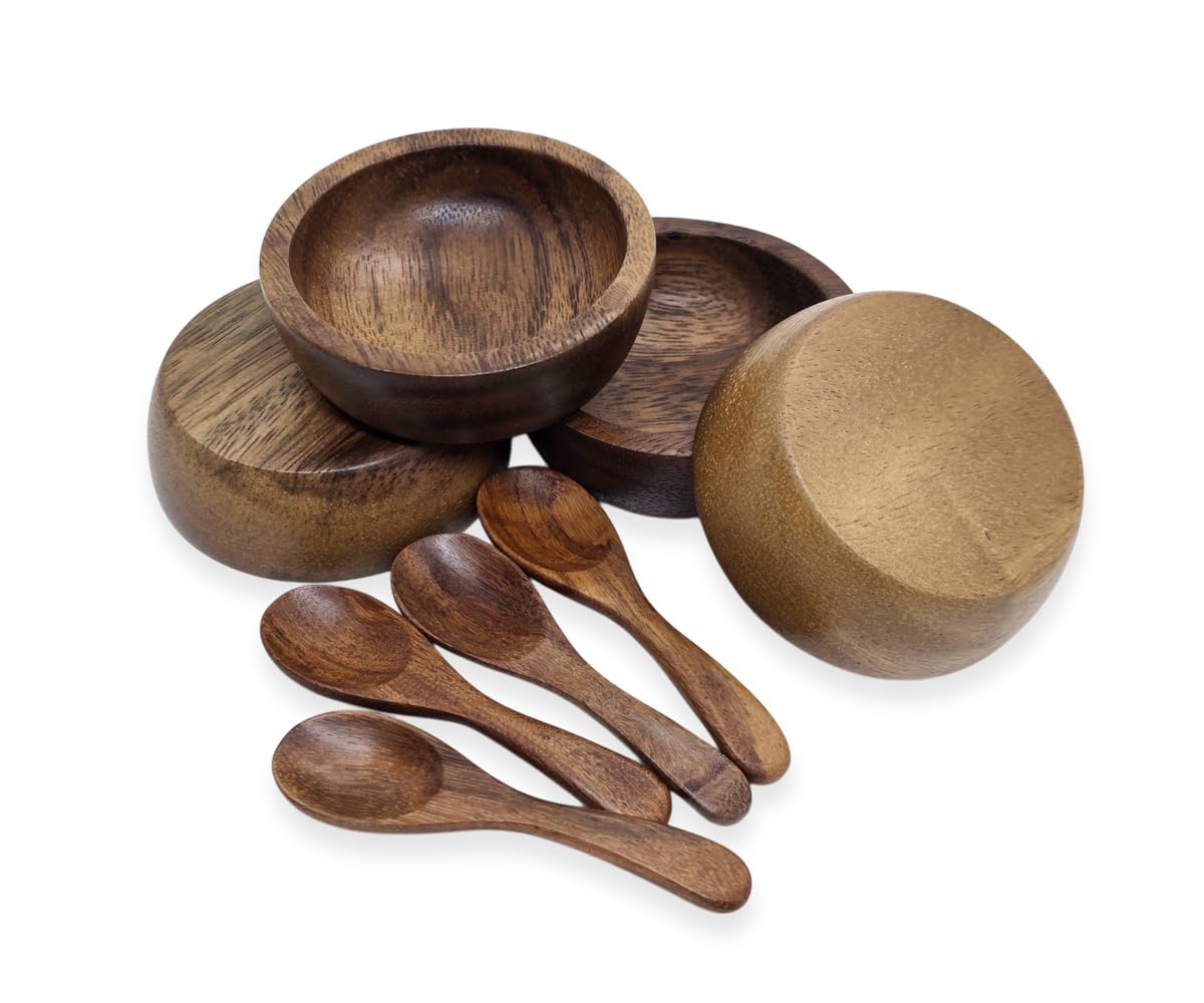 Bestysuperstore Small Round Wood Bowls 4 Pcs 4 '' Diameter Stackable Acacia Wooden Bowl Set With 4 Spoons For Serving Salad Sals