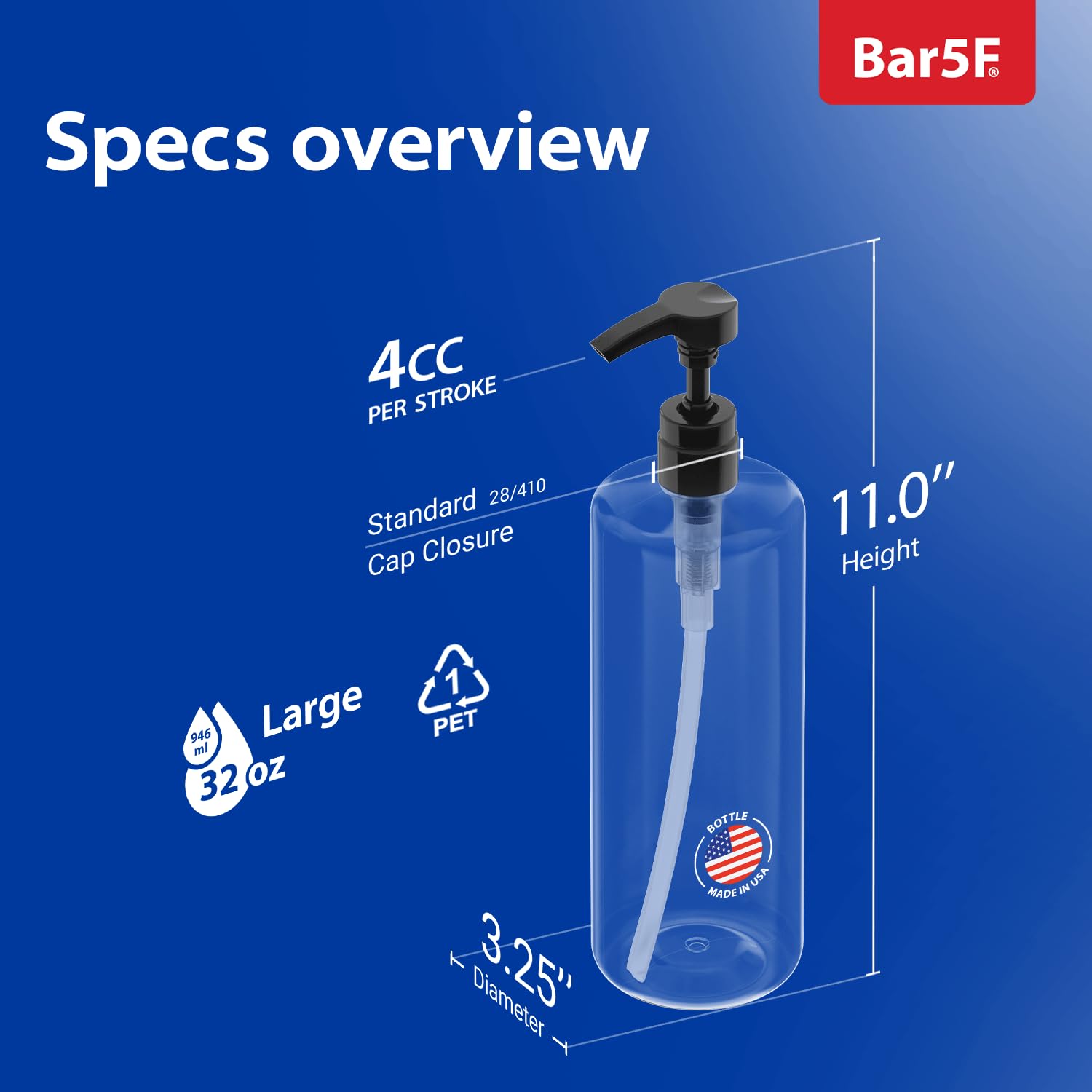 Bar5F Empty Shampoo Bottles with Pumps  32oz/1Liter/Large  BPA-Free  Lightweight (Medium Density PETE1 Plastic) Pack of 2  Oval Shape Clear Bottles