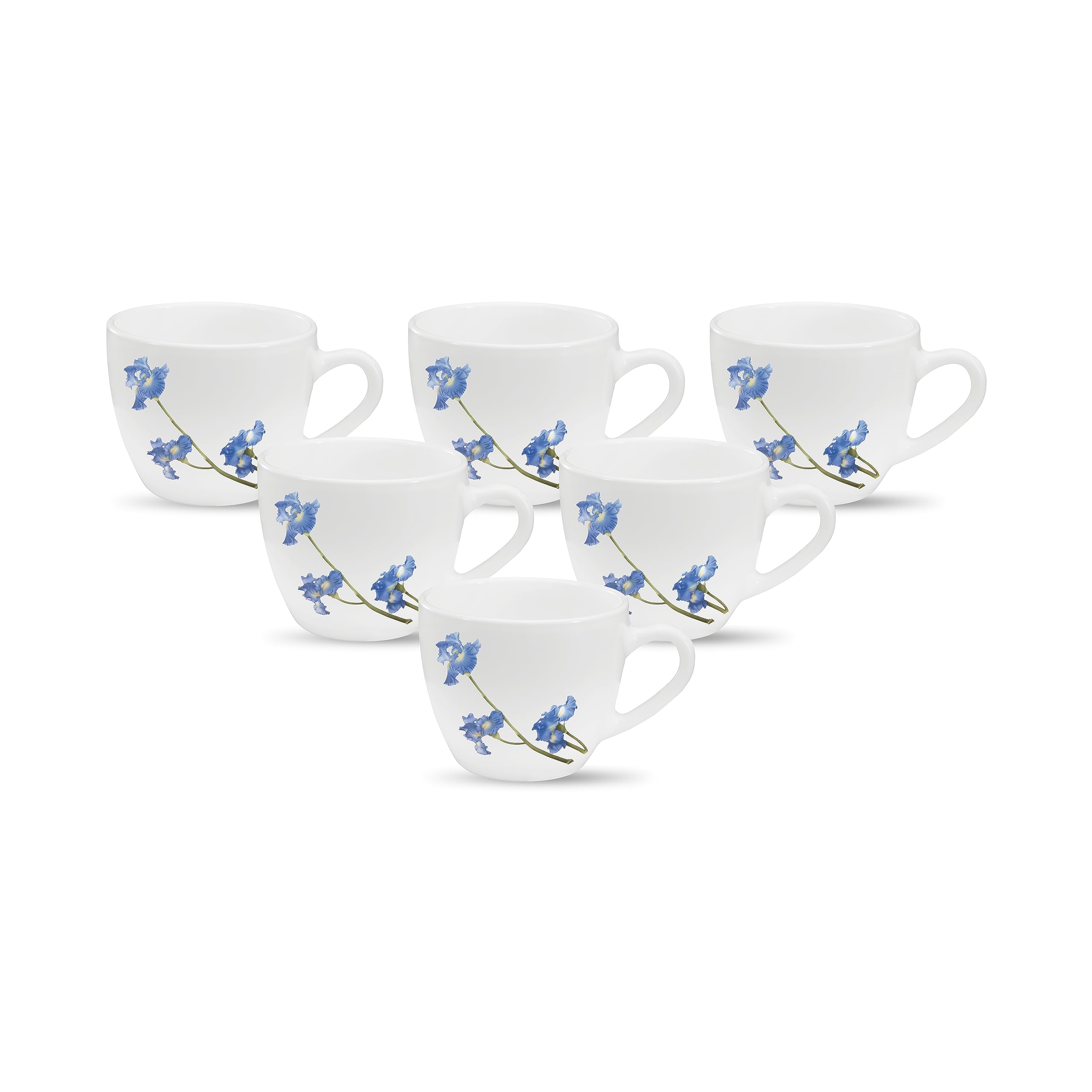 La Opala, Novo Collection Opal Glass Crockery | Cup Lily, Set of 6 | Blue Orchids, 150 ml | for Tea & Coffee | Microwave Safe | 