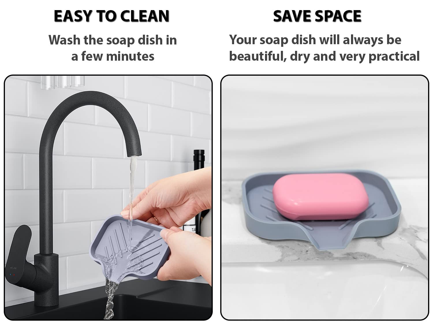 2 Pcs Grey Silicone Self Draining Rectangular Soap Dishes - Waterfall Soap Trays - Soap Dishes for Bar Soap - Soap Boxes - Soap Case - Soap Container - Soap Pads - Kitchen Sink - Shower - Bathroom