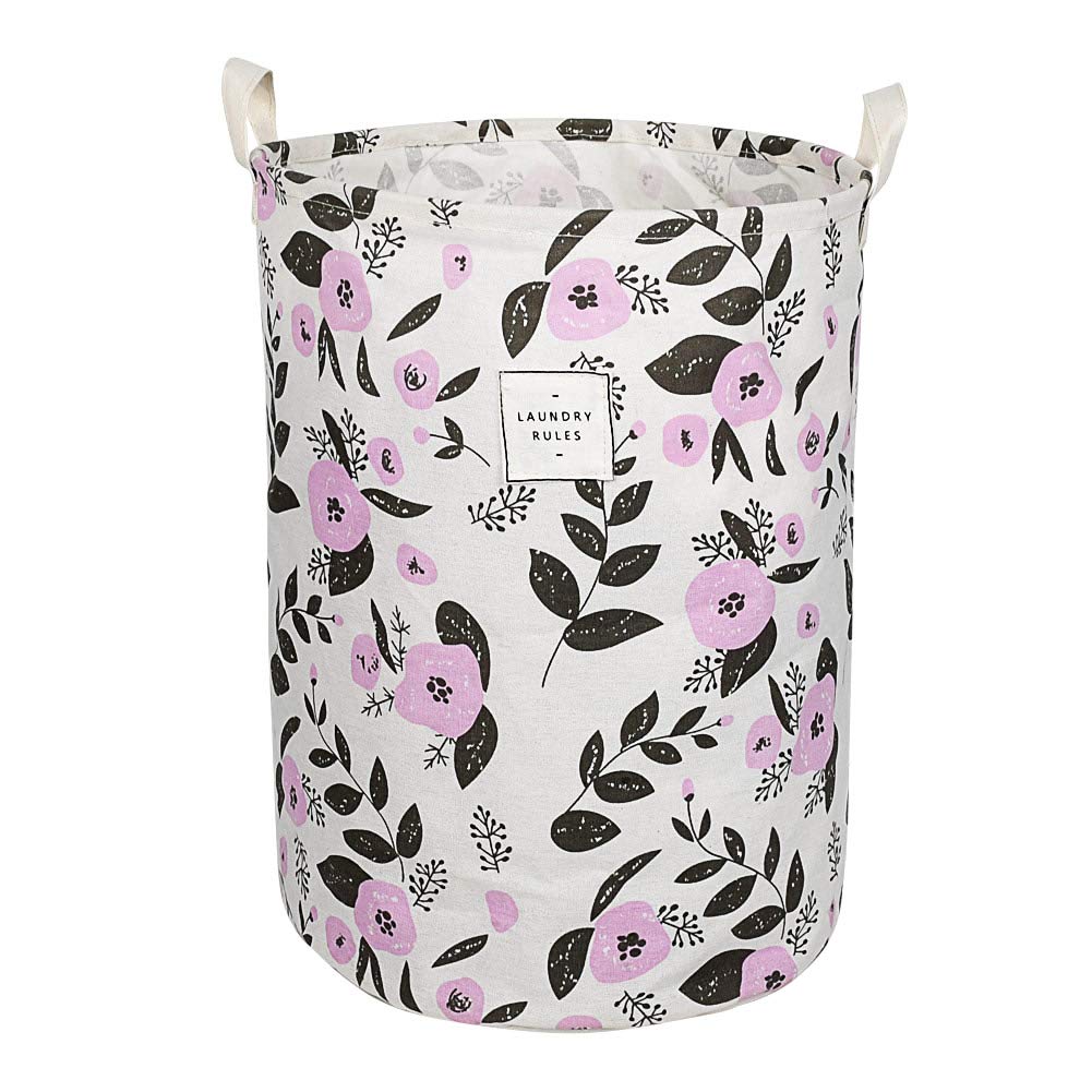 UUJOLY Collapsible Laundry Basket, Laundry Hamper with Handles Waterproof Round Cotton Linen Laundry Hamper Printing Household O