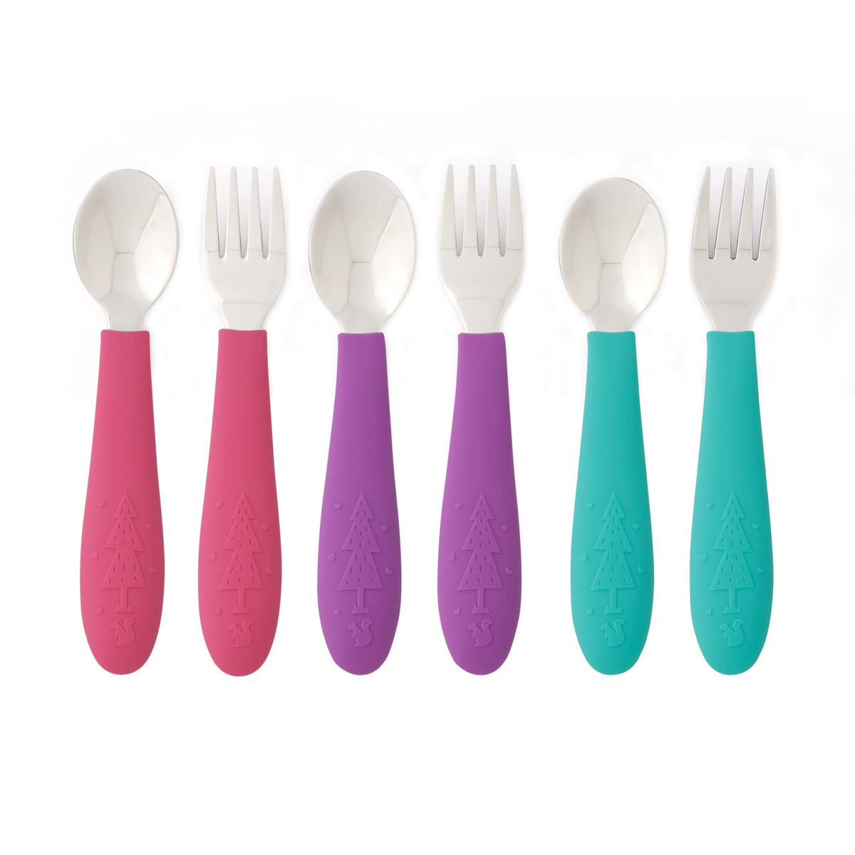 Elk and Friends Kids Silverware with Silicone Handle  Childrens Safe Flatware  Toddler Utensils  Baby Spoons + Forks  Stainless