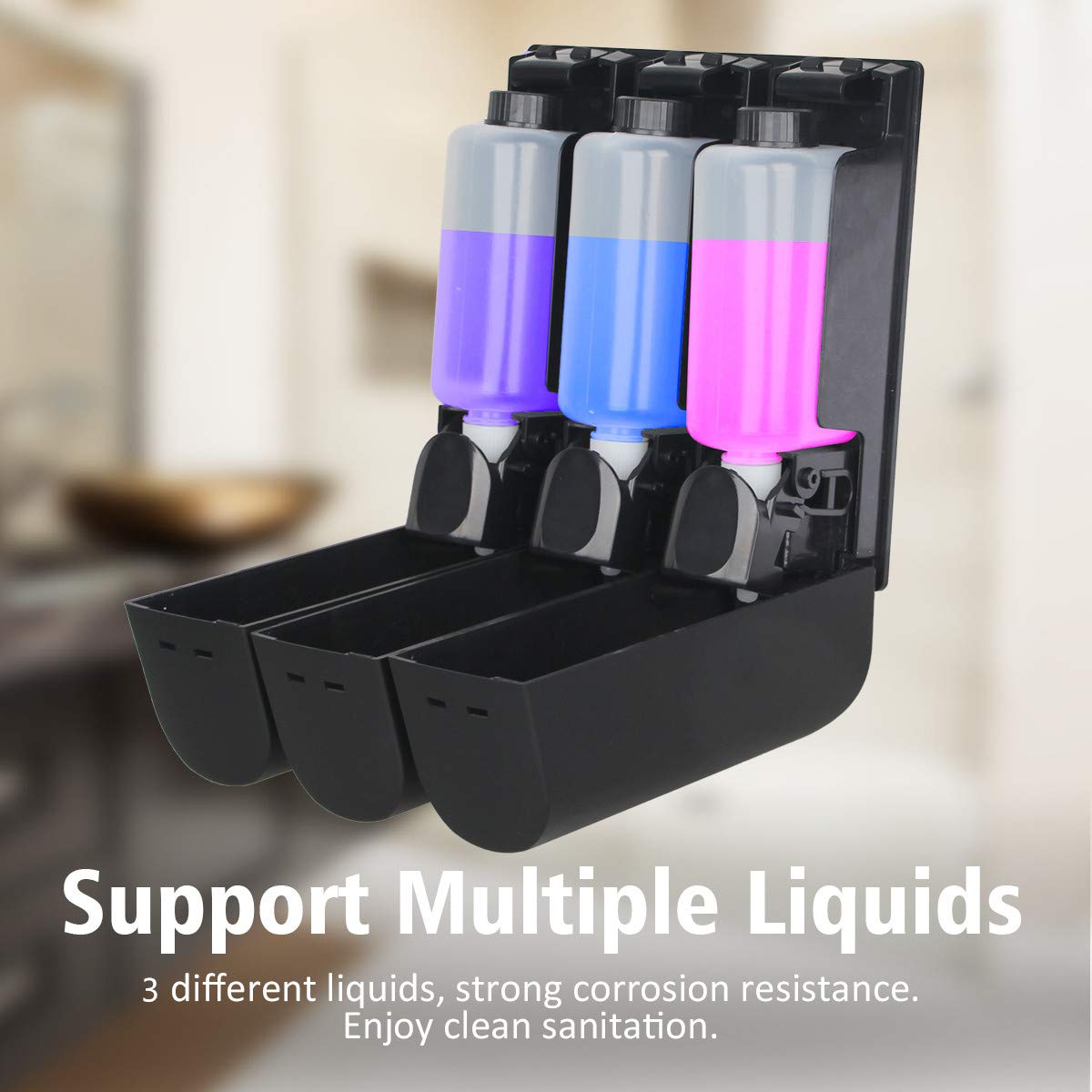 AUMIO Wall Mounted 3 Chamber Shower Soap Dispenser Set, Black Plastic, No Drill Shampoo & Conditioner Dispenser for Bathroom & Hotel