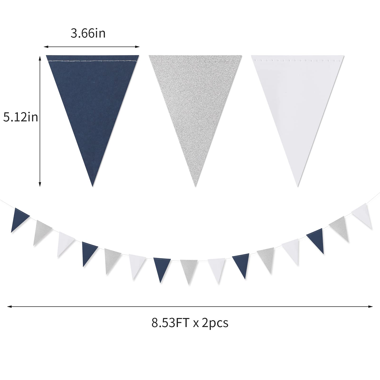 Navy-Blue White-Silver Party Decorations Banner - 2 Pack Men Birthday Graduation 2024 Glitter Sprinkles Paper Pennant Triangle F