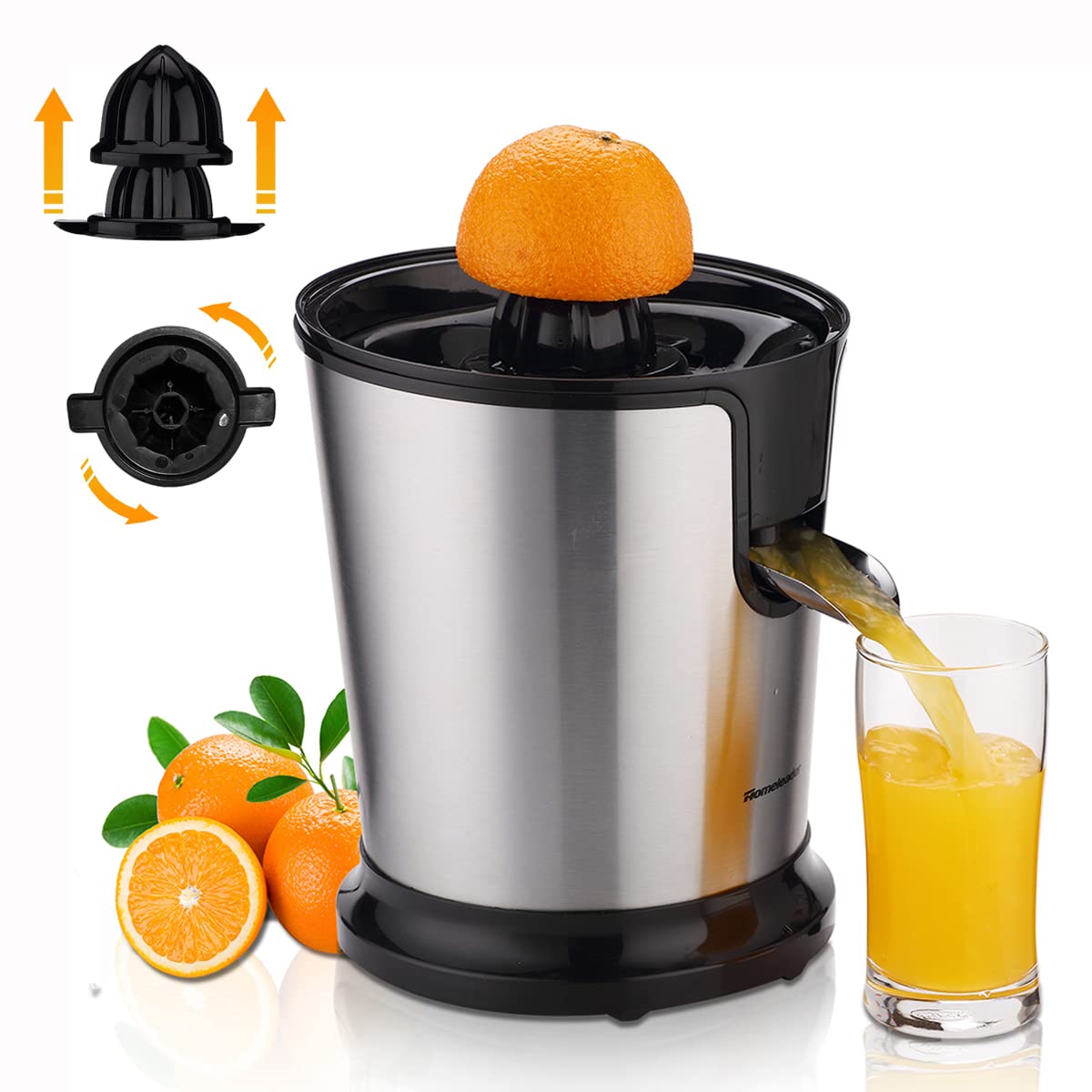 Homeleader Electric Citrus Juicer, Lemon Squeezer With Stainless Steel, Orange Squeezer With Two Cones, Powerful Motor For Grape