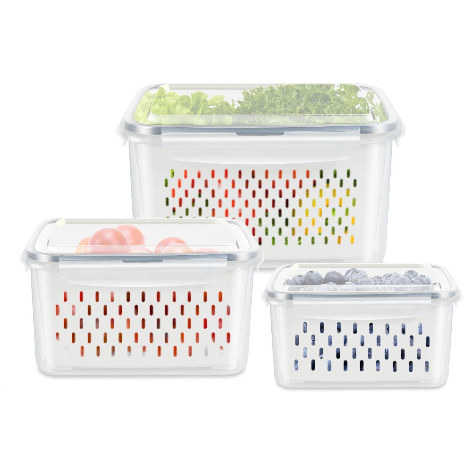 Tbmaxs 3 Pack Fruit Storage Containers For Fridge, Produce Saver Vegetable Container With Drain Colanders - Refrigerator Organiz