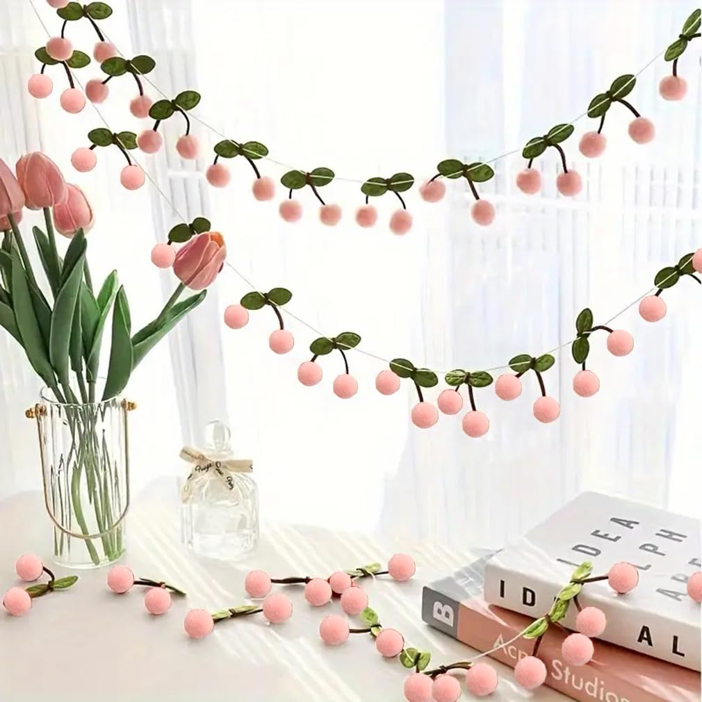 TOTIEJFJ Pink Cherry Garland Decoration (3string X 6.6ft) - DIY Pom Pom Fruit Cherry Hanging for Kids Bedroom Kitchen Decoration
