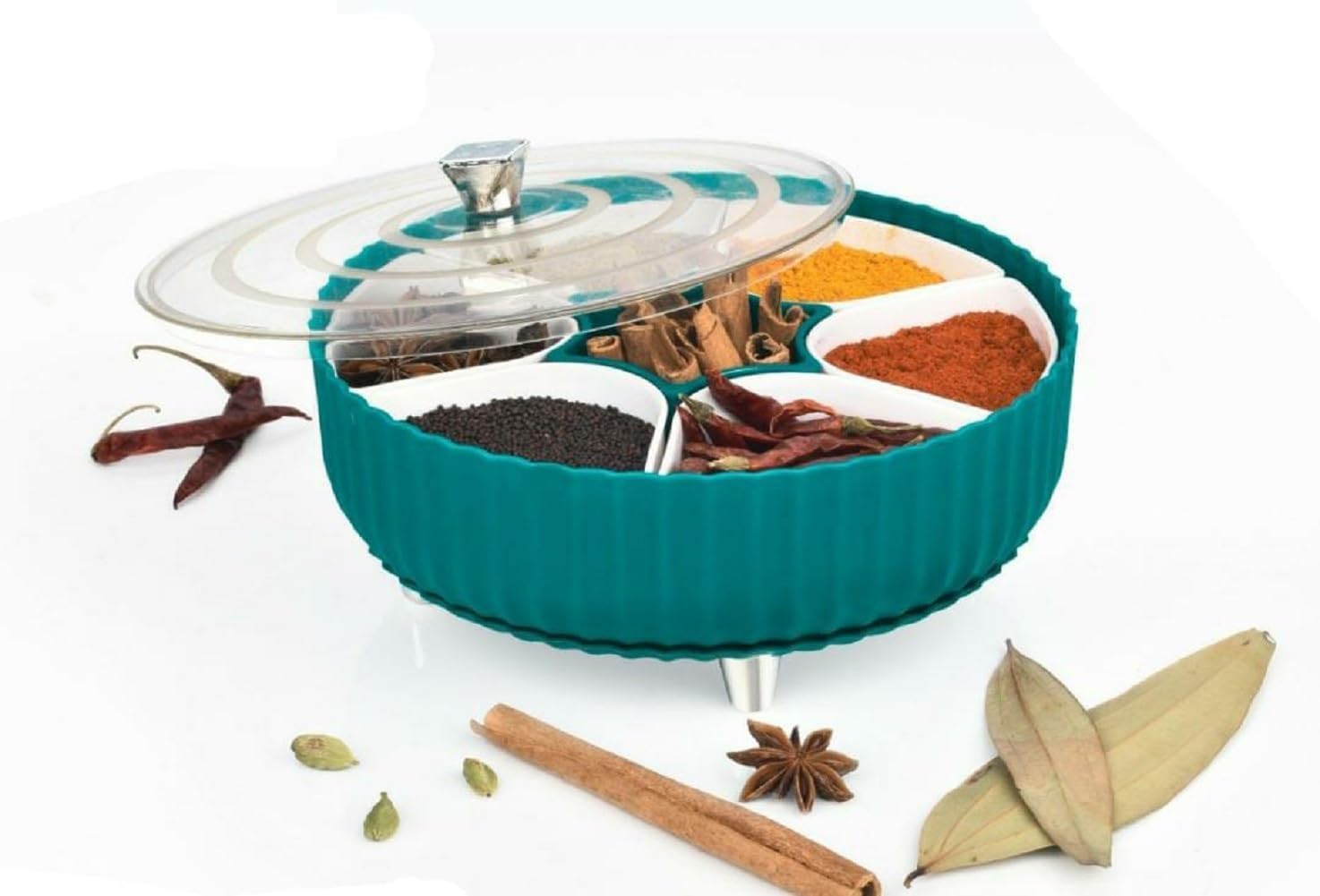 Drumil Masala Box 360 Revolving 7 Section Spices Storage Containers, Rangoli Dabba Box Set (Pack Of 1)