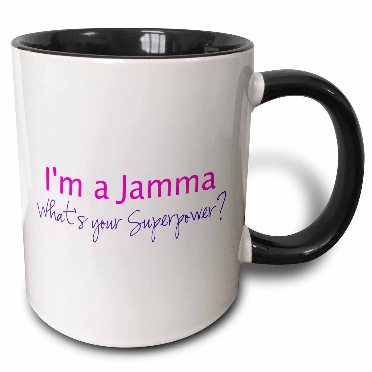 3dRose I'm A Jamma-What's Your Superpower-Hot Funny Gift for Grandma Mug, 11 oz, Black/Pink