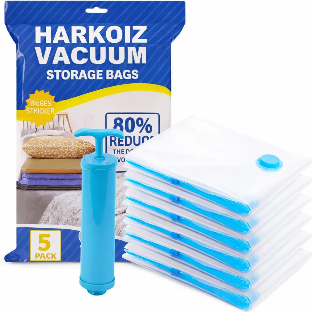 Vacuum Storage Bags For Clothes With Hand Pump  5 Pack (1 Large, 2 Medium, 2 Small) Space Saver Vacuum Seal Compression Bags Fo