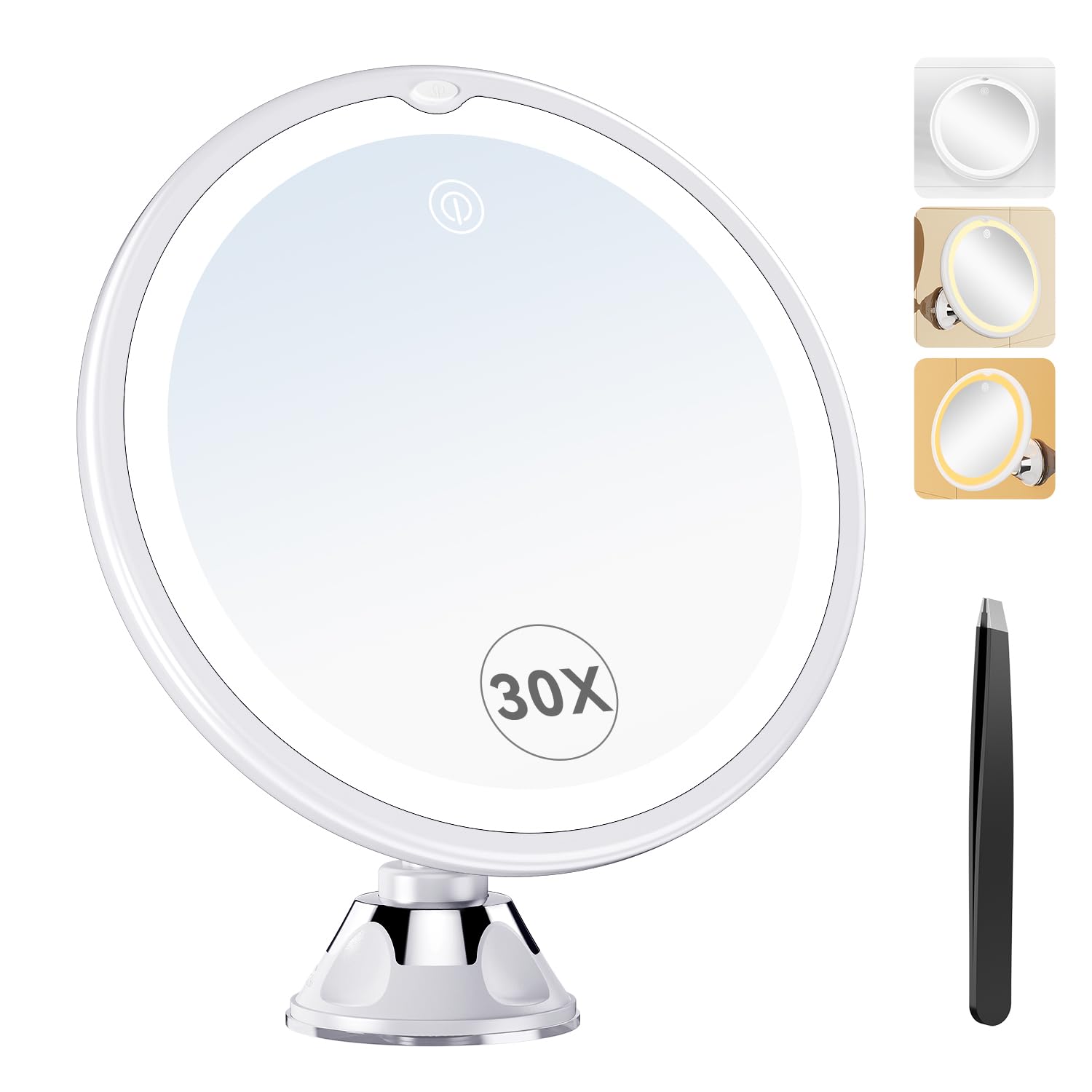 2025 Upgraded 30X Magnifying Mirror With Light, 8 Vanity Mirror With Power Suction Cup And Tweezers, 360 Swivel, Portable Bathro